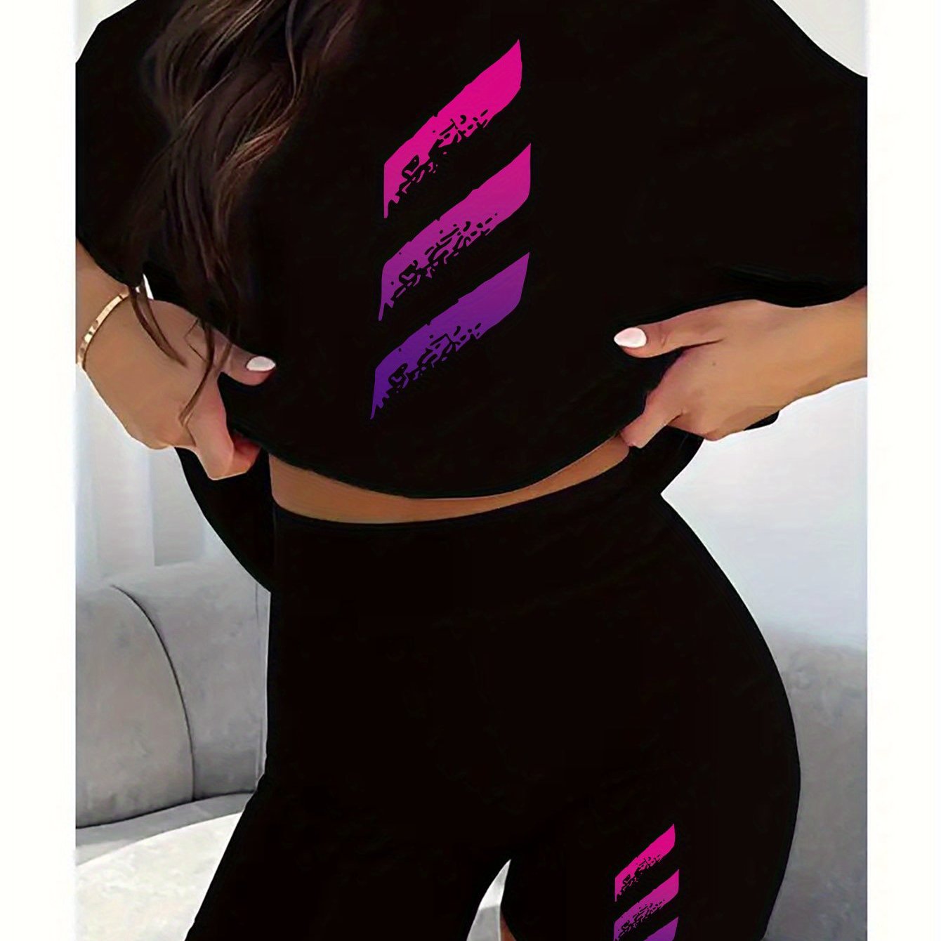 TEMU Conjunto de Moda para Mujer - Estampado 'Rayas Degradadas', Camiseta de Manga Corta y Shorts Moto, Ropa Casual para y Verano