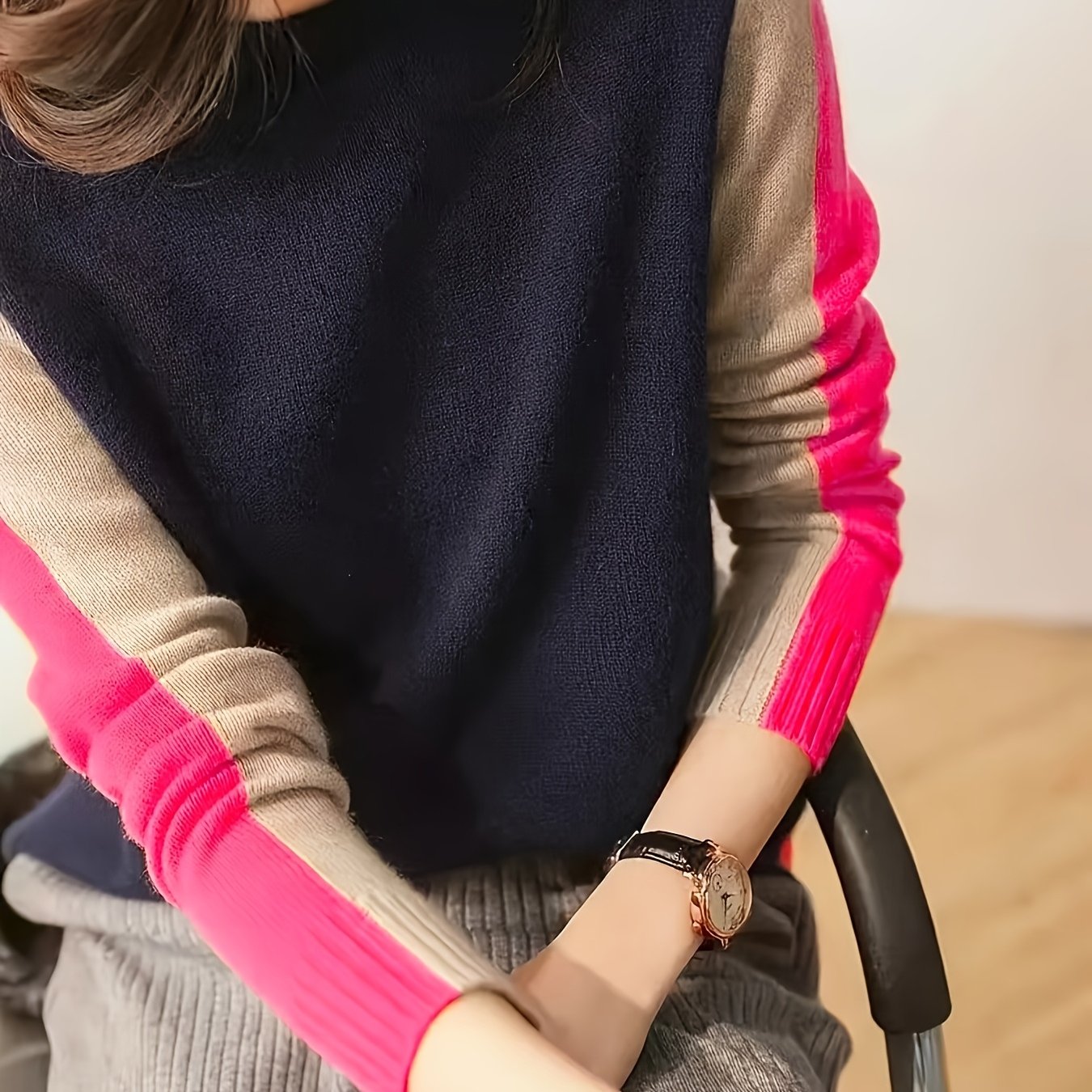 TEMU Suéter de cuello con bloques de color a estilo coreano para mujer, capa base holgado e y versátil