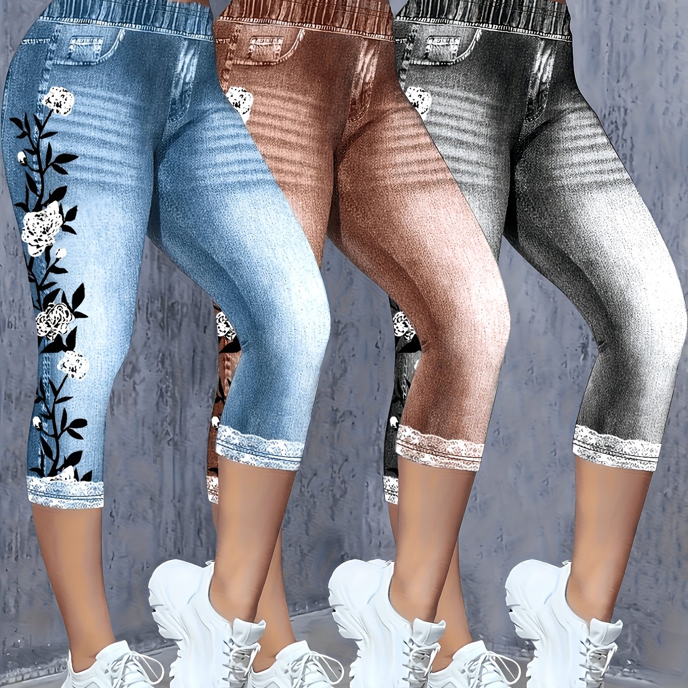 Image of 3pcs Set Of Underpants, 7-inch Leggings, Stretchy Denim- Printed Pants For Women To Wear