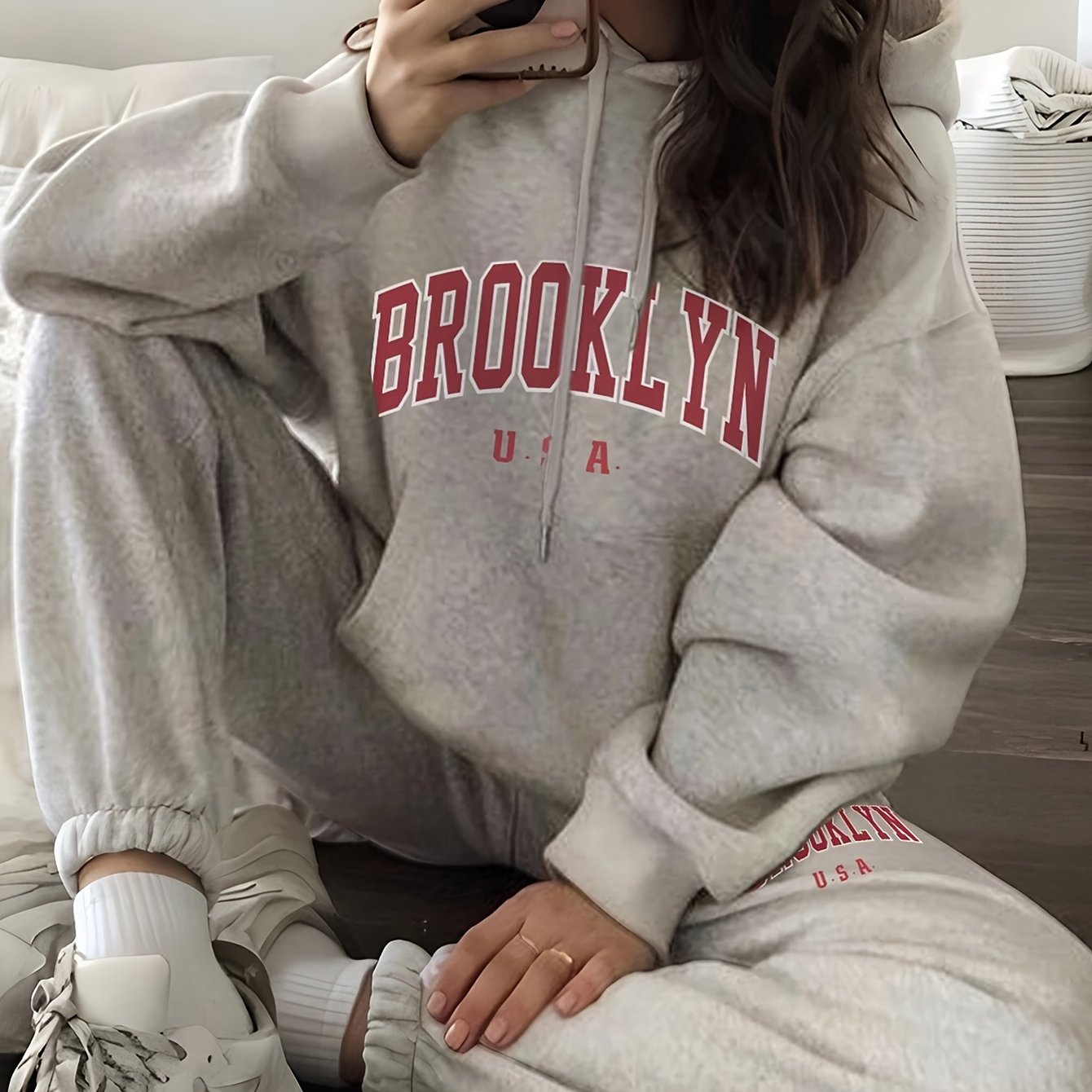 TEMU Women's Letter Print Drawstring Hooded Sweatshirt And Sweatpants Set