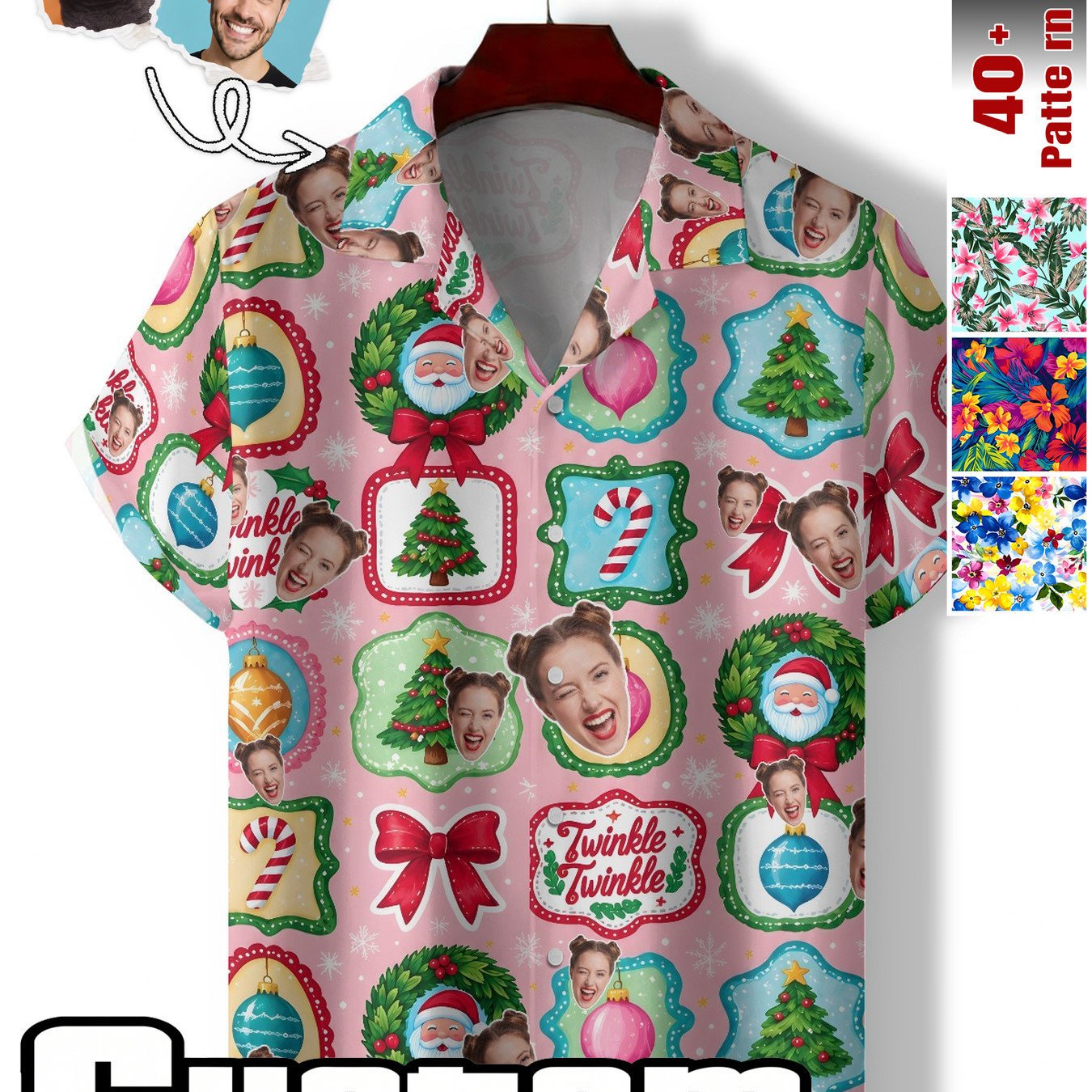 TEMU Men' & Women' Custom Photo Button-up Shirt - Personalized Portrait/text/ Short Sleeve Suitable For Vacation, Holiday Parties, Christmas Gifts,