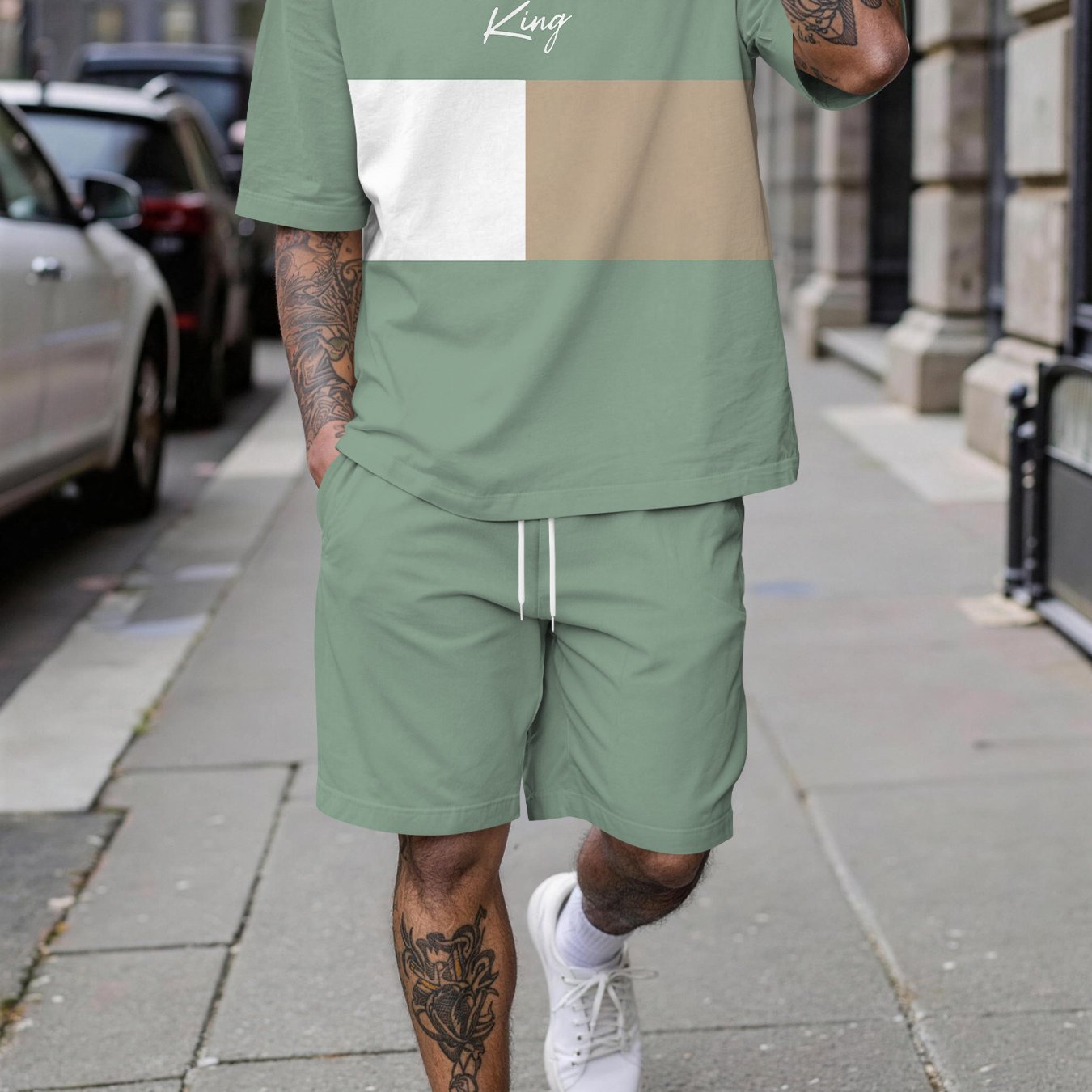 Men's Spring/summer Casual Short-sleeve Set, -block King Letter Print Short-sleeve Set, Trendy Short-sleeve And Shorts Set, Vacation-style Fashion, Breathable Sporty , The Gift For Men