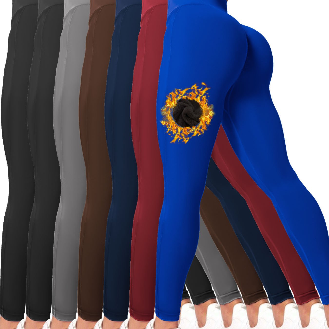 TEMU 7pcs High-waisted Fleece-lined Cycling Pants, 92% Nylon 8% Elastane, Solid Color Knit Fabric, Mature Style, High Stretch, Sports Leggings For Yoga, Hiking, Running