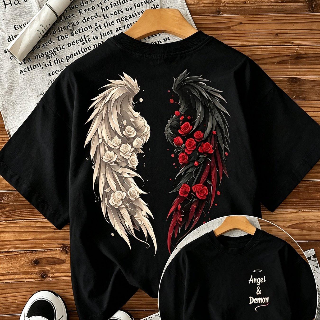 Image of Demon Wings Print Short Sleeve T-shirt For Women Summer Style Round Neck Loose Fit Casual Going Out Rose Pattern Graphic