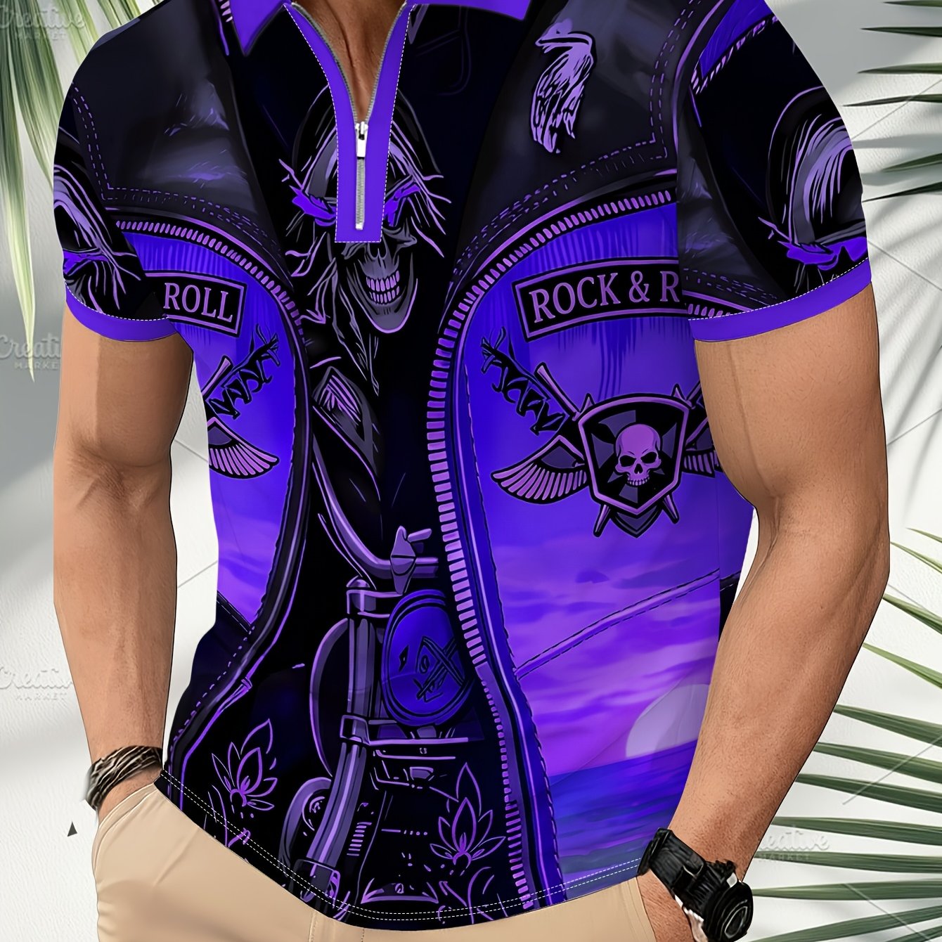 TEMU Men's Zip Shirt Rock Skeleton Motorcycle Pattern Trendy Short Sleeve Top
