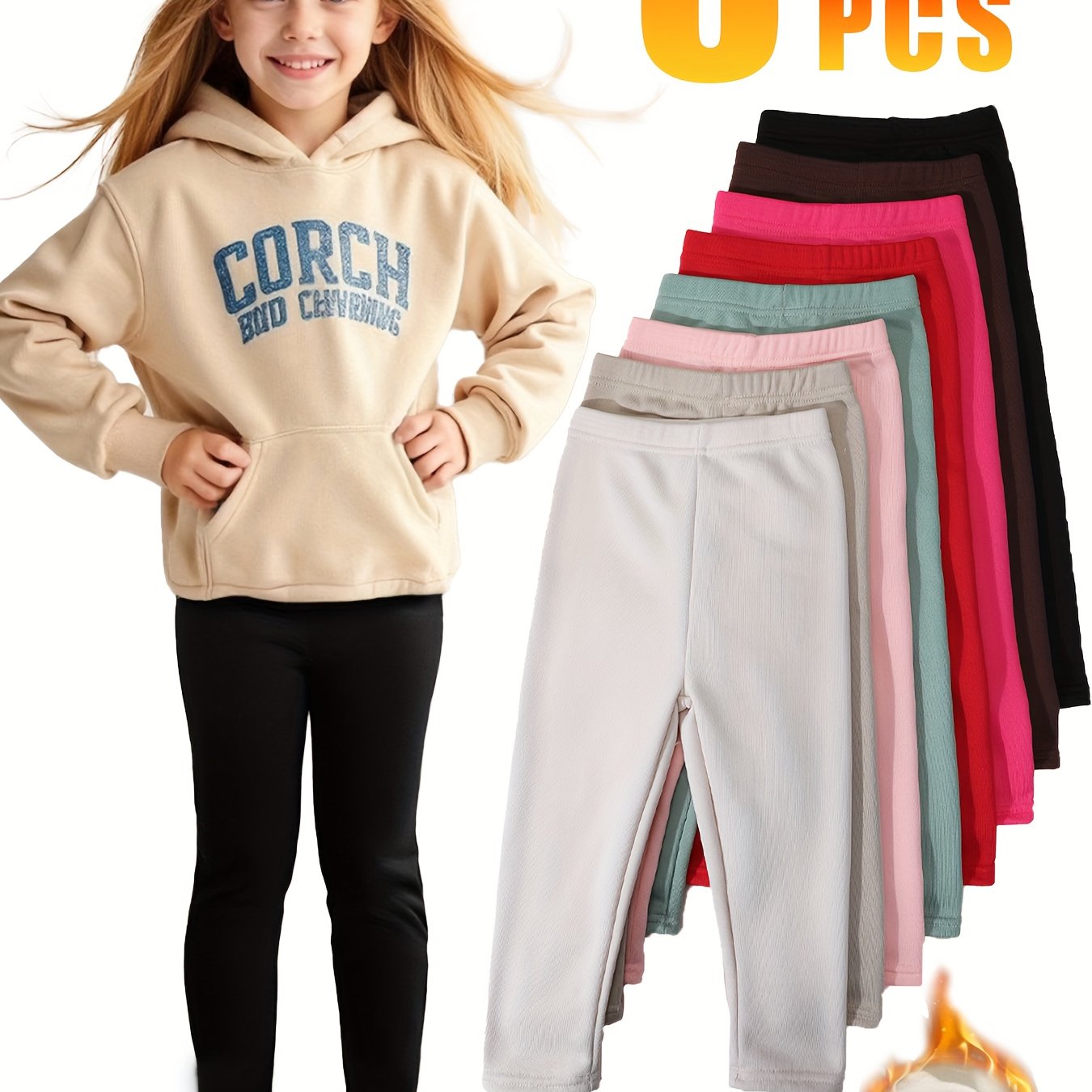 Image of 8pcs Kids' -lined Thickened Leggings/sweatpants, Solid Color Plain Weave, Warm, Comfortable, Stylish, And Versatile, Essential For In Temperatures Below 5°c, Casual, Elastic Waist