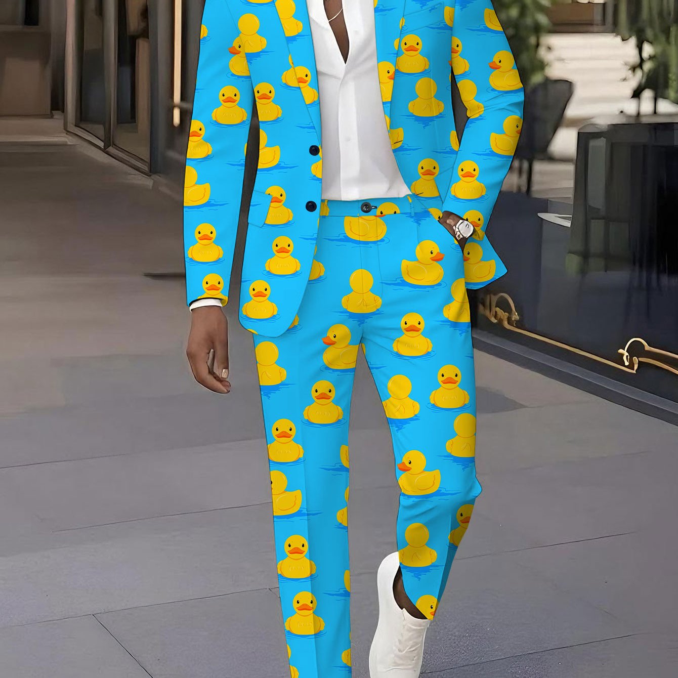 TEMU 2pcs Men's Suit And Pants Set With | Rubber Ducks , Casual Fit, Long Sleeve Suit Jacket With Lapel Collar And Pants, Perfect For Weddings And