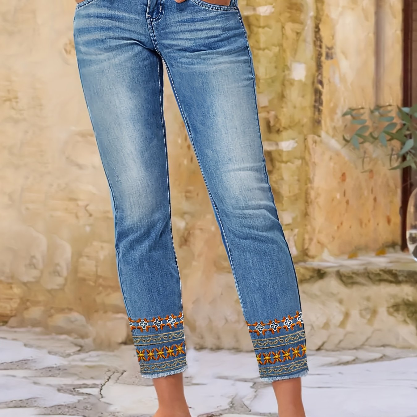 Bohemian Style Embroidered Fashion , High-waisted Stretch Comfortable Versatile Fashionable Slim-'s Jeans