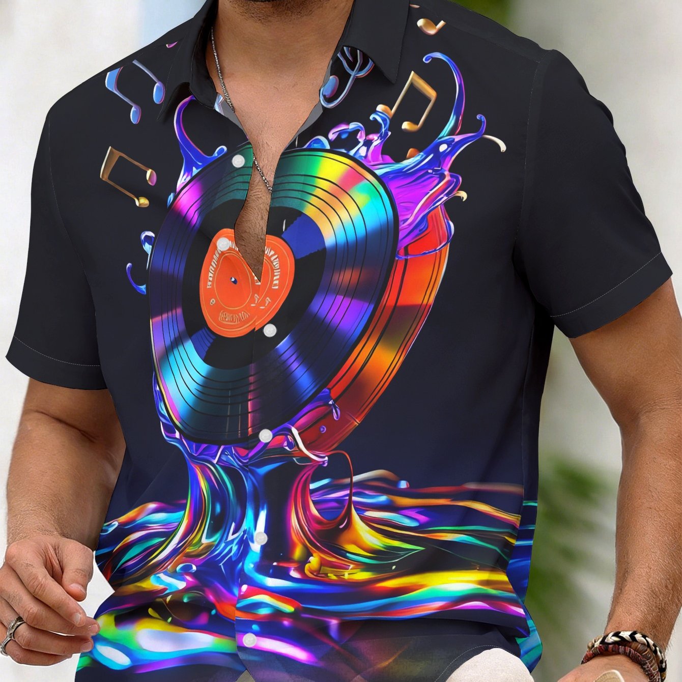 TEMU Men's Trendy Music Theme Short Sleeve Shirt, Black Vinyl Record Note Summer Quality