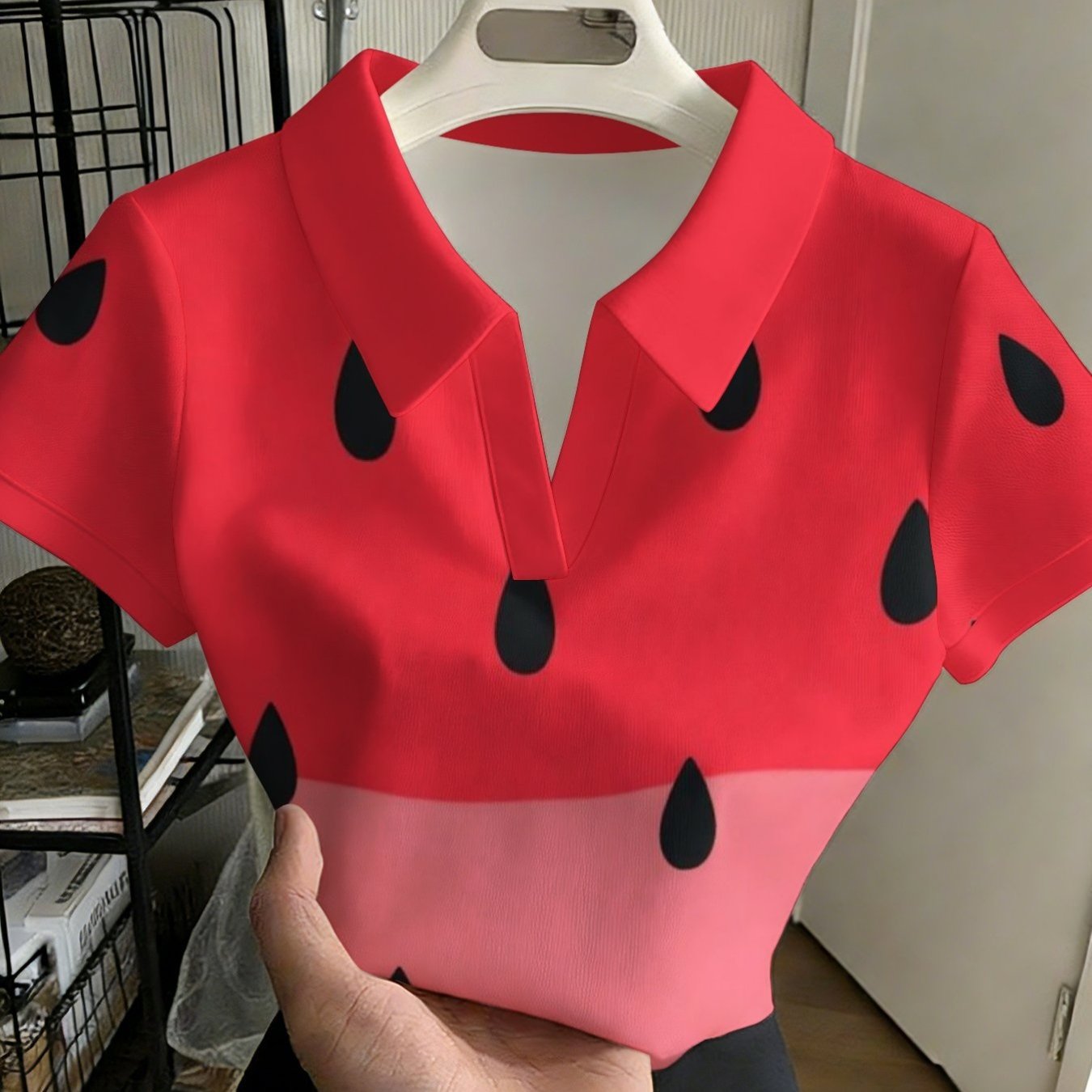 TEMU レディース で万能なボタンなしポロシャツ 赤 ピンク スイカ シトル ルフーズ フルーツ おしゃれで万能なカジュアス