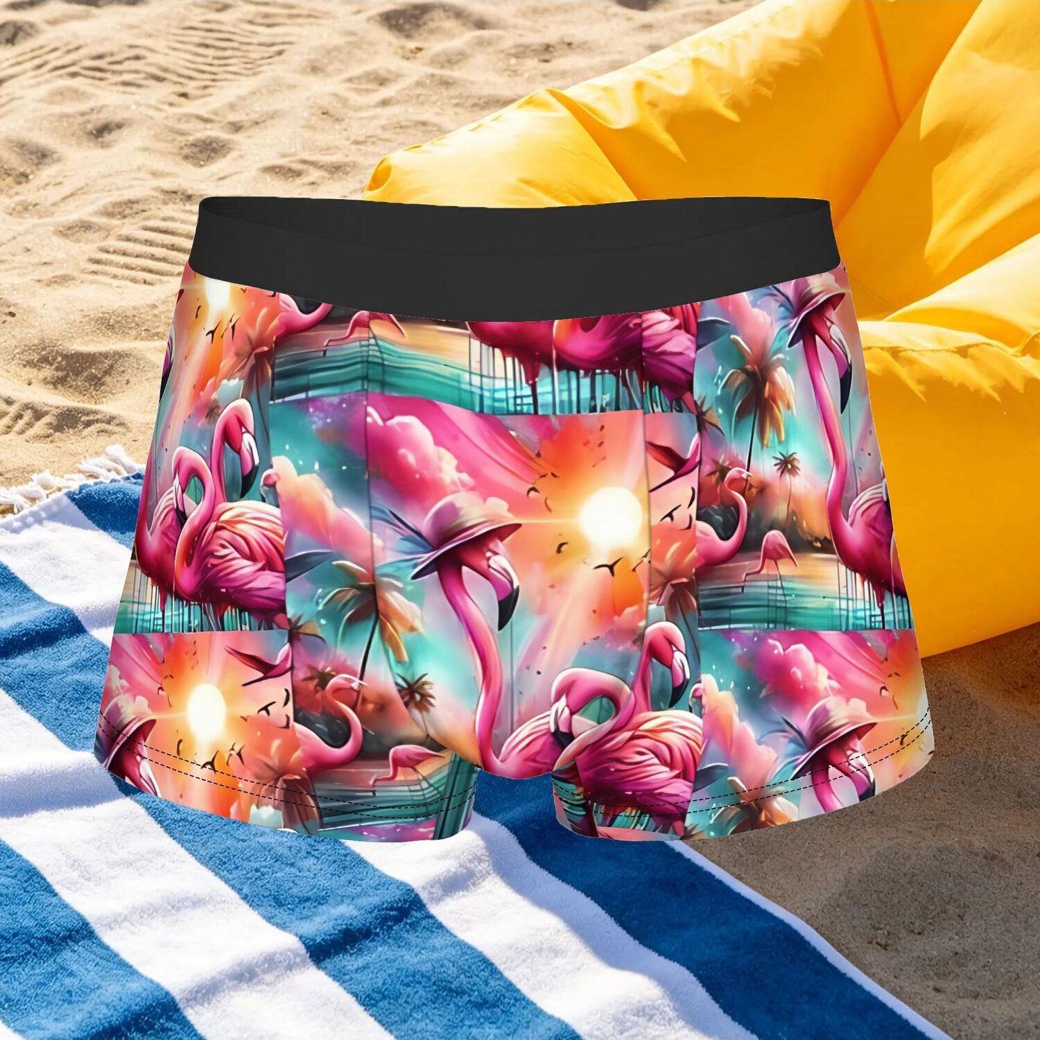 TEMU 1pc Pink Flamingos With Palm Trees At Sunset Men's Underpants Briefs Printed Shorts Boxer Briefs