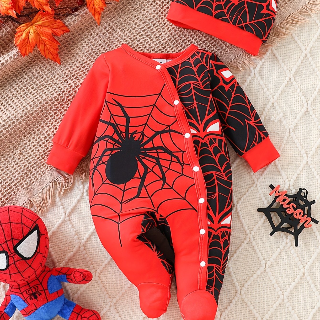 Image of Newborn Baby Boy Spring/autumn Long Sleeve Romper With Rounded Corners And Spider Pattern Print, And Hat, Soft And Comfortable Fabric, Suitable For Occasions, Gift, For Outdoor
