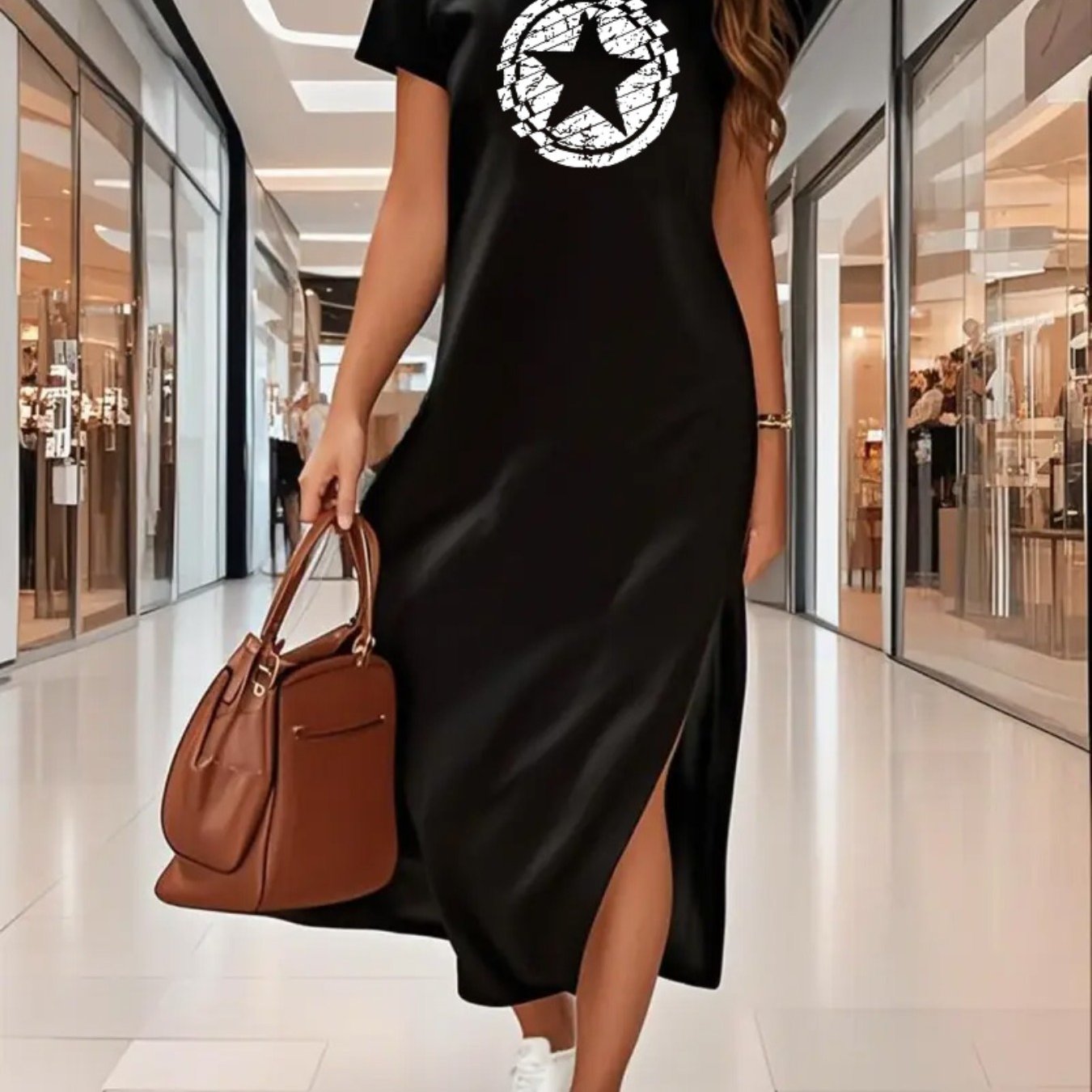 E-shop Damens Elegantes Bodycon-Kleid mit Sternenprint – Dehnbar, Knielang, Kurzarm, Seitenschlitz & High-Low-Saum, Maschinenwaschbar für alle