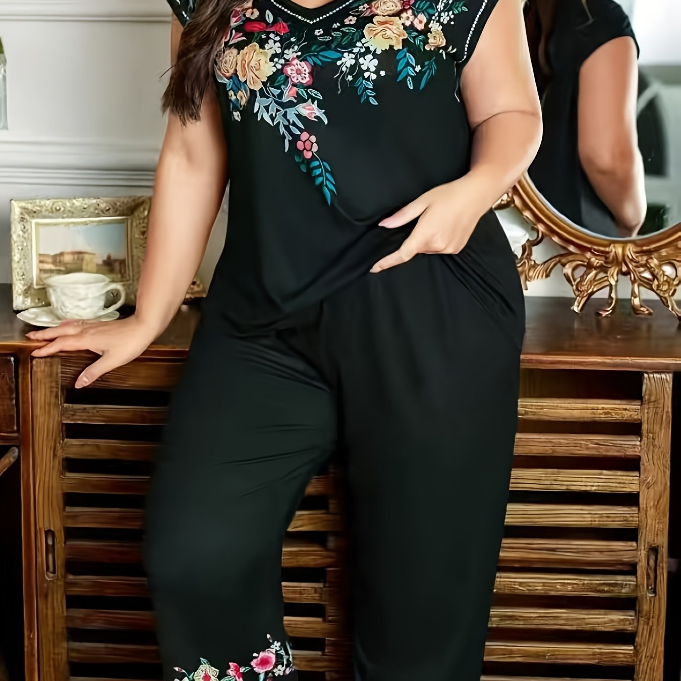 retro floral print v neck drop shoulder sleeve casual pajama