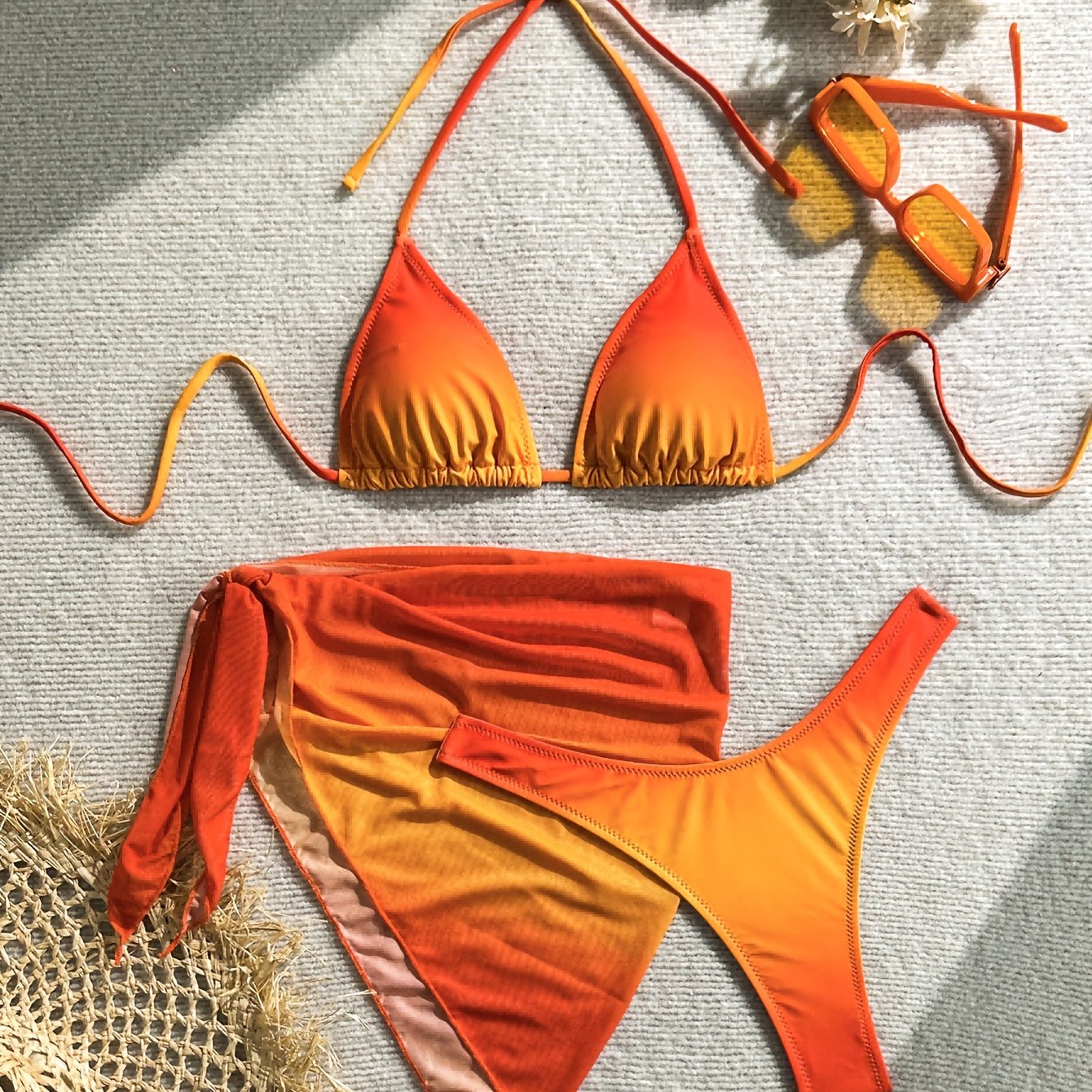 TEMU Summer Women's Gradient Print Vacation Casual Fashion Sexy 3pcs Mesh Skirt Bikini Set, Summer Style