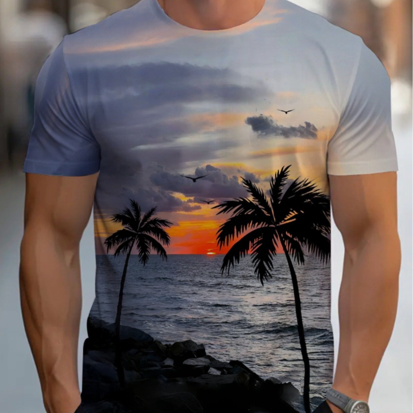 TEMU Men's Summer Casual T-shirt - Breathable And Comfortable Crew Neck Short Sleeve Stretch Top With Beach Trees Pattern For Parties