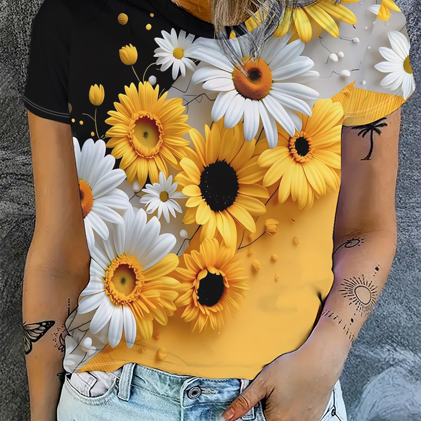 TEMU Women's Short-sleeve T-shirt With Ombre Black To Yellow Gradient Base & Daisies Print - Casual Round Neck Blouse Suitable For Spring Summer