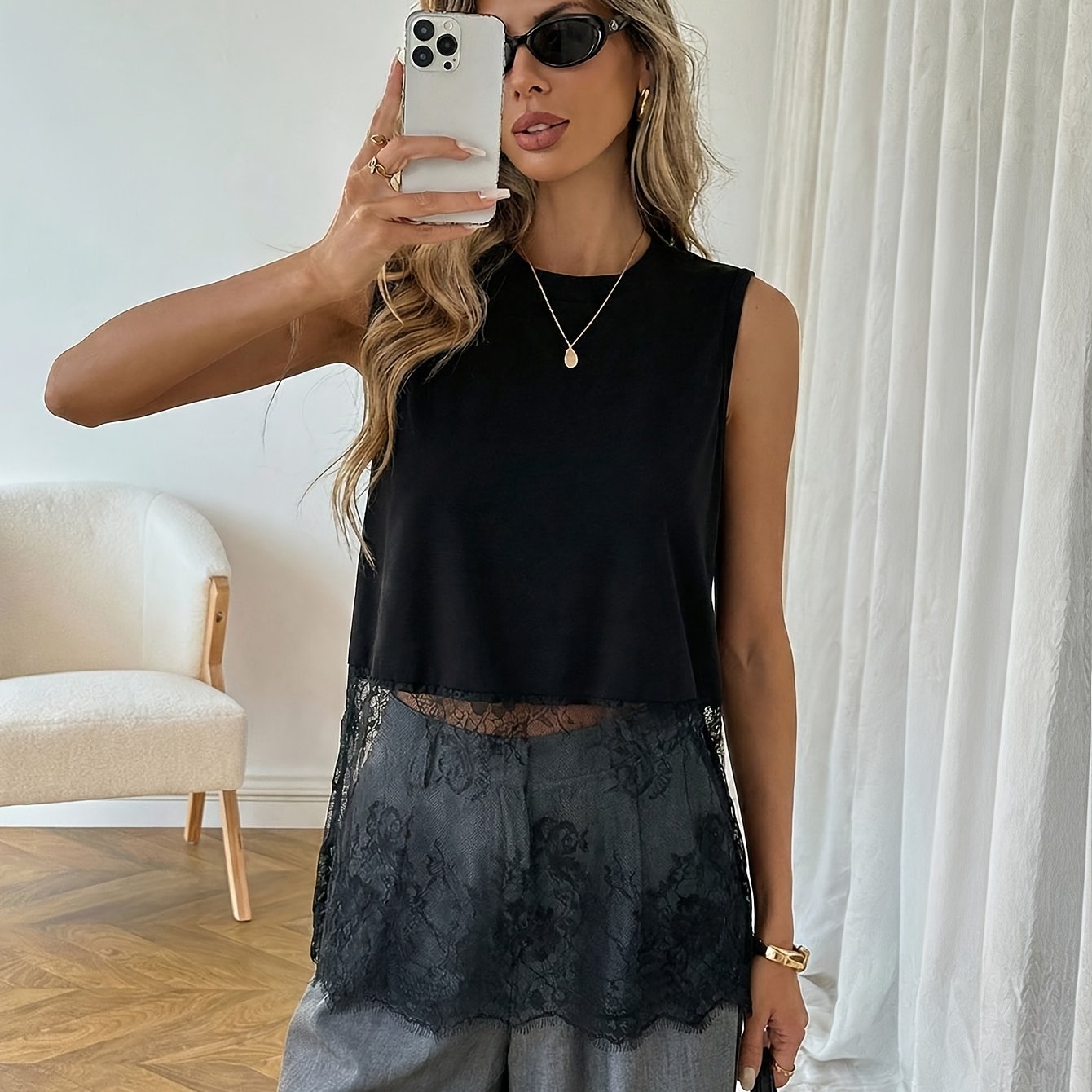 TEMU Elegant Sleeveless Lace-trimmed Vest | Crew Neck, Solid Color, Summer Season With Contrast Lace Detail