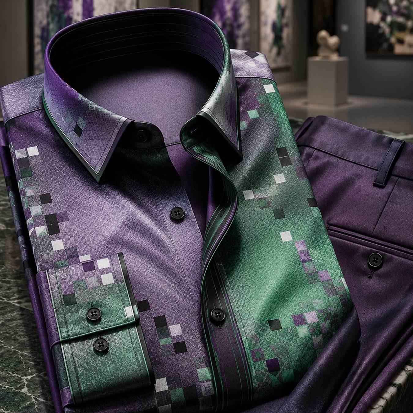 Image of Summer 's Doublebutton Collar Longsleeve Shirt Abstract Pixel Art Pattern Elegant And Ideal For Formal Business And Evening Parties, Plus Size
