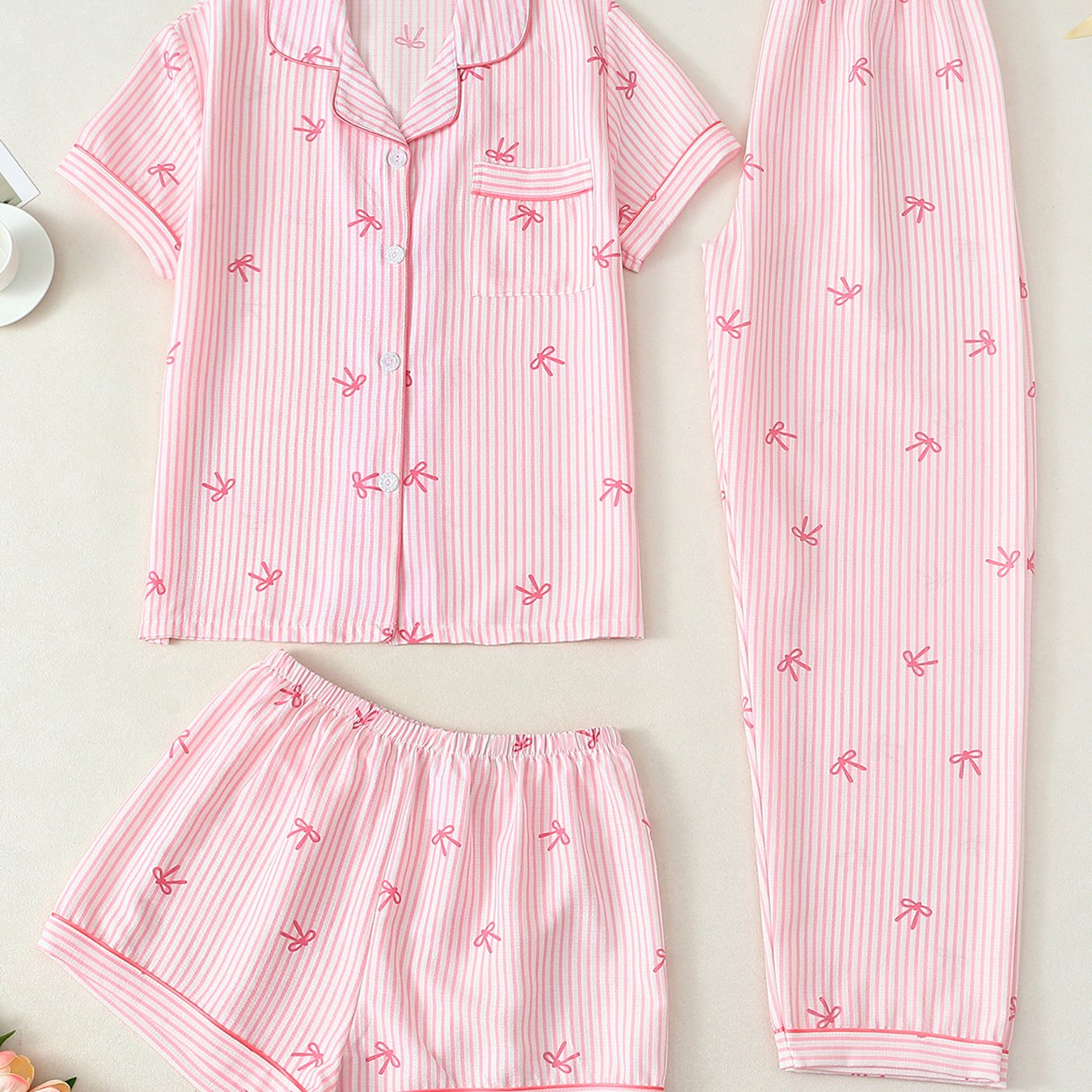 E-shop Damen 3-teiliges Set, Kurzarm-Top mit Knopfkragen, Shorts & , rosa Streifen- & Schleifen-Druck, Frühling Sommer Herbst, entspannter Look,