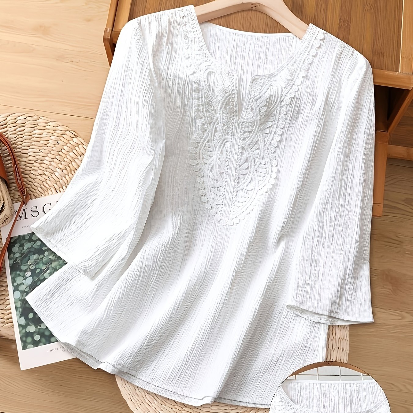 TEMU Ladies Color Contrast Lace 3 Quarter Sleeve Loose Fashion Shirt