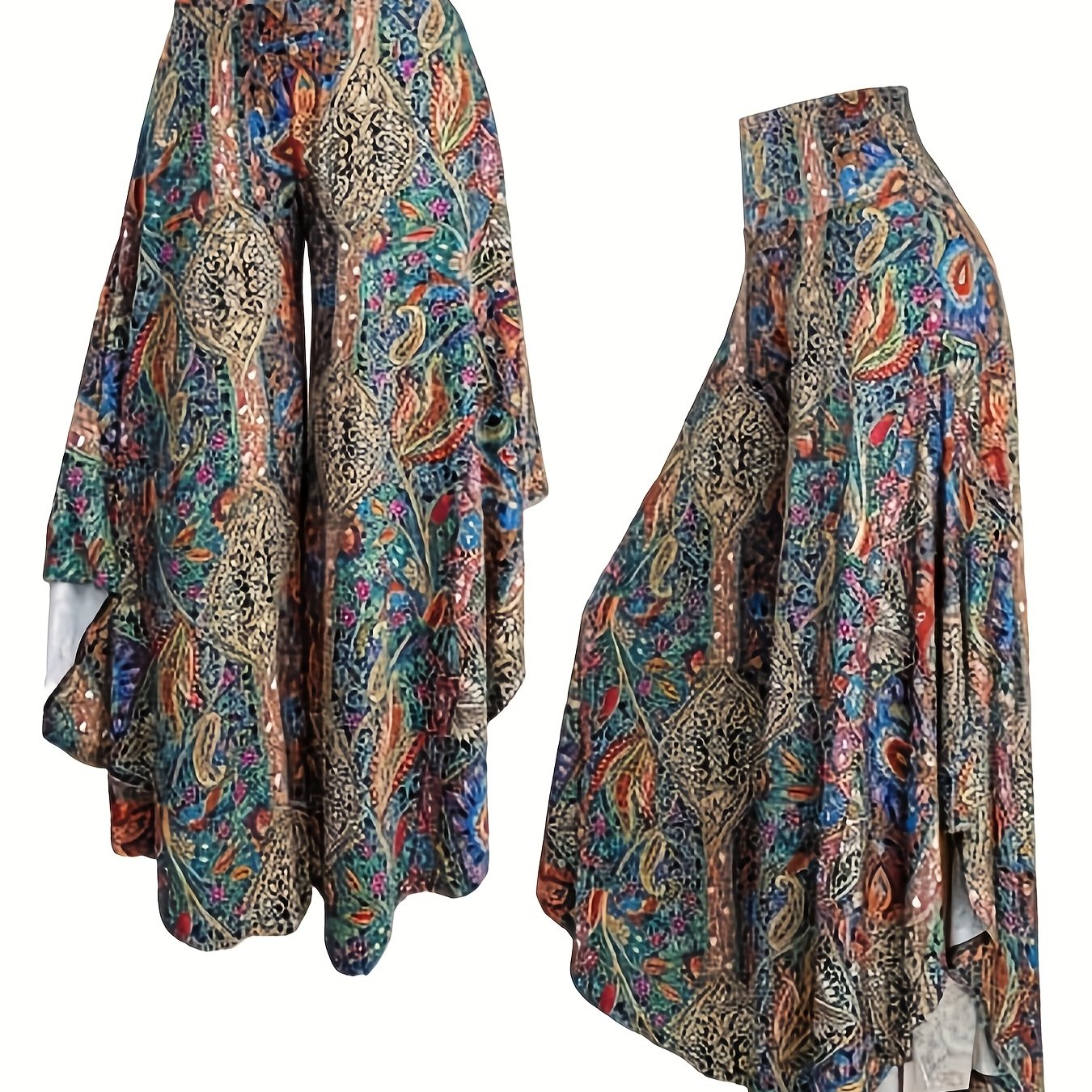 E-shop Hochtaillierte Paisley-Print Freizeithose mit weitem Bein für Damen im Frühling und Sommer, mit asymmetrischen Rüschenborten und einem