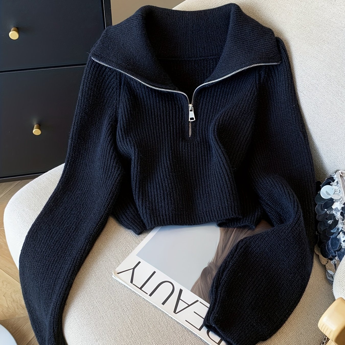 E-shop High-Waist Kurzer Halb-Reißverschluss Pullover Einfarbig Revers Langarm Pullover Damen Frühling Herbst Neuer Lazy Style Kurzer Pullover Top,
