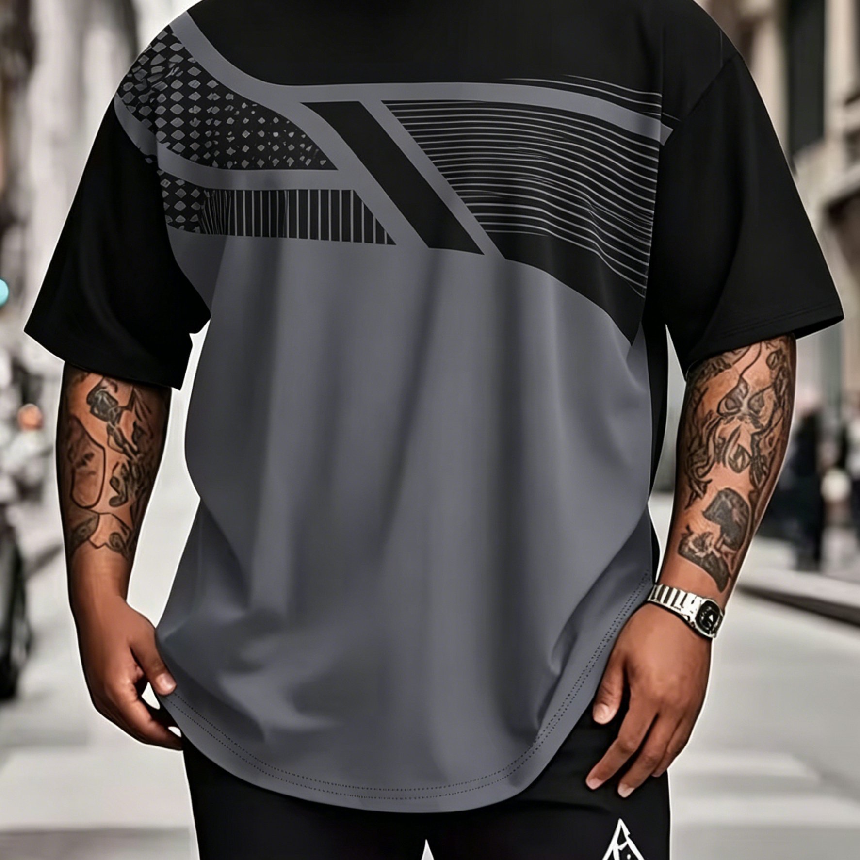 TEMU Plus Size Men's Summer T-shirt - For Plus Sizes | Black And Gray Color Block For A Slimming Look, Breathable Fabric, Perfect For , And Suitable