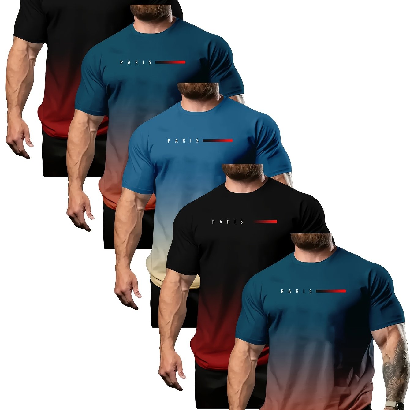 TEMU 5pcs Set Of Vibrant Gradient Short Sleeve Crew Neck T-shirts For Men - Comfortable Short Sleeve Round Neck Casual Shirts, Loose Size, Machine
