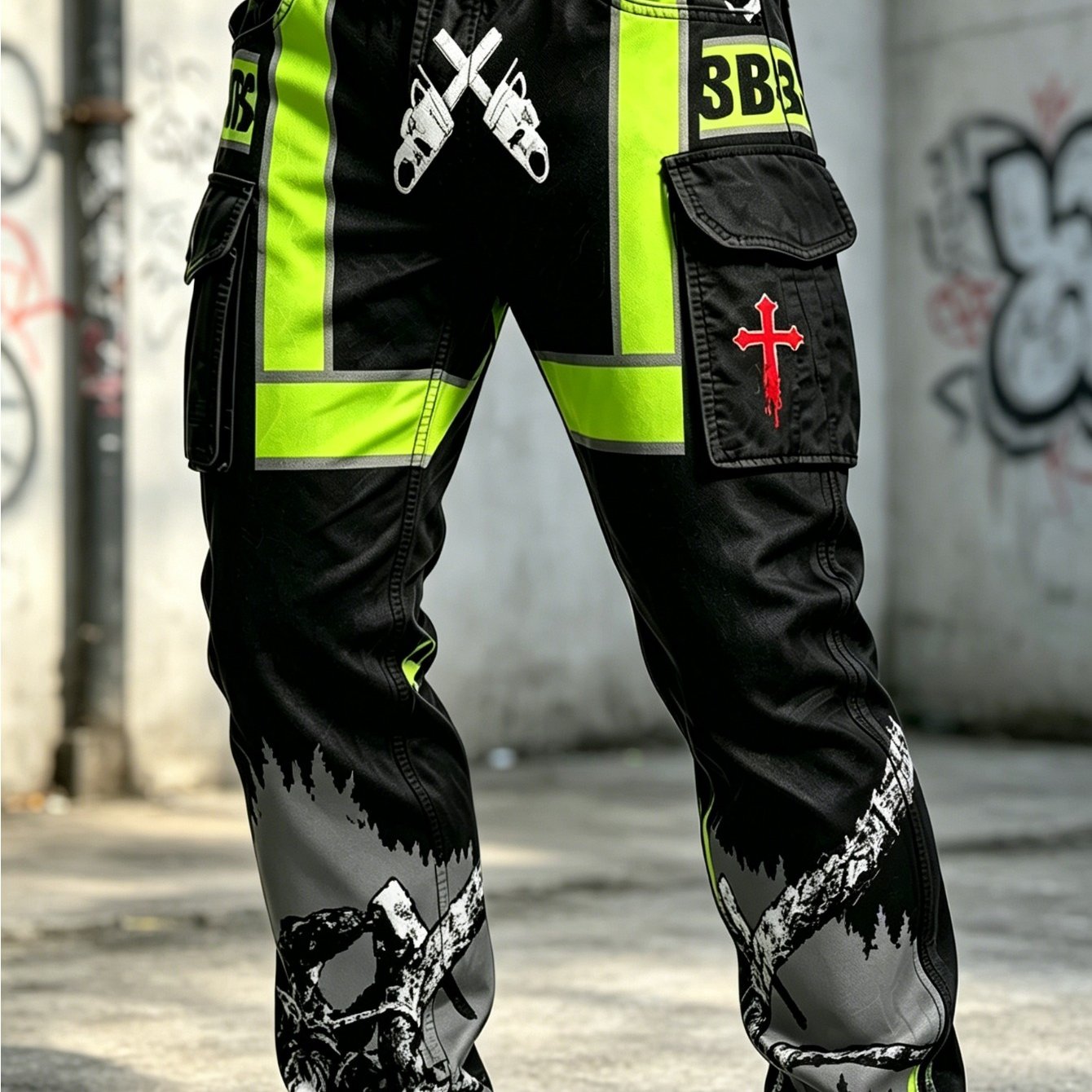 Men's Neon Green And Black Color Block Cargo Pants With Industrial Reflective Strip Print, Gothic Cross Graphic Techwear Trousers, Multi-pockets Streetwear (pants , No Belt)