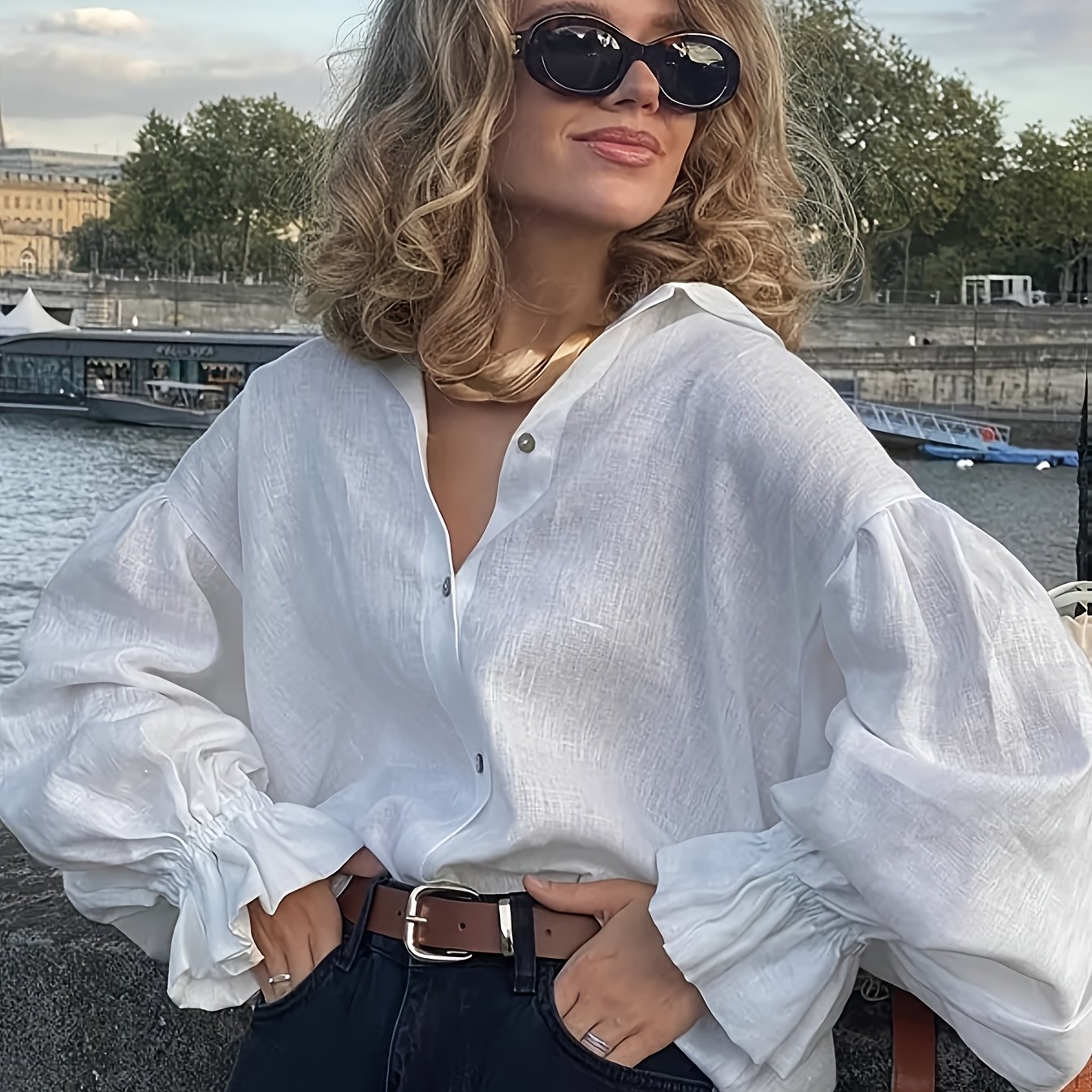 E-shop Damen Herbst Winter Frühling Neues Elegantes Mode Freizeit Revers Laterne Ärmel Locker Knopf Einfarbig Langarmshirt, Klassisch Vielseitig,