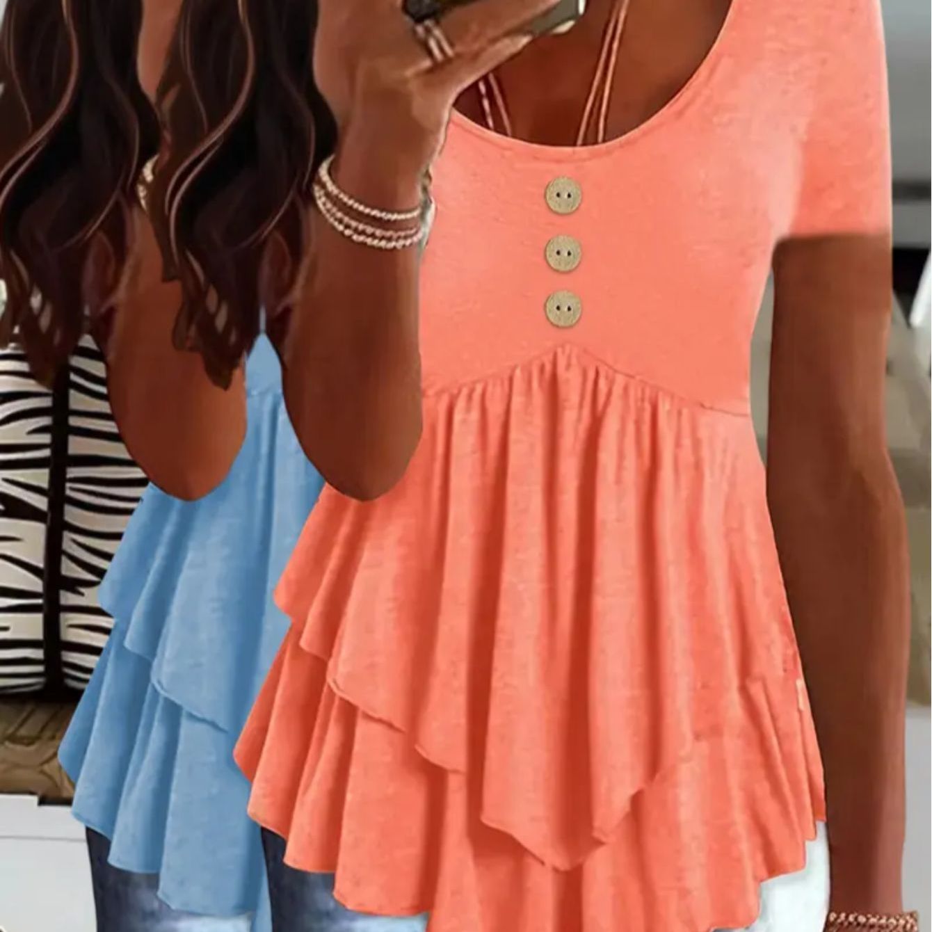 Zoelnic 2pcs Solid Color Crew Neck T-shirt, Casual Short Sleeve Button Front Flare Tiered Top For , Women's Clothing