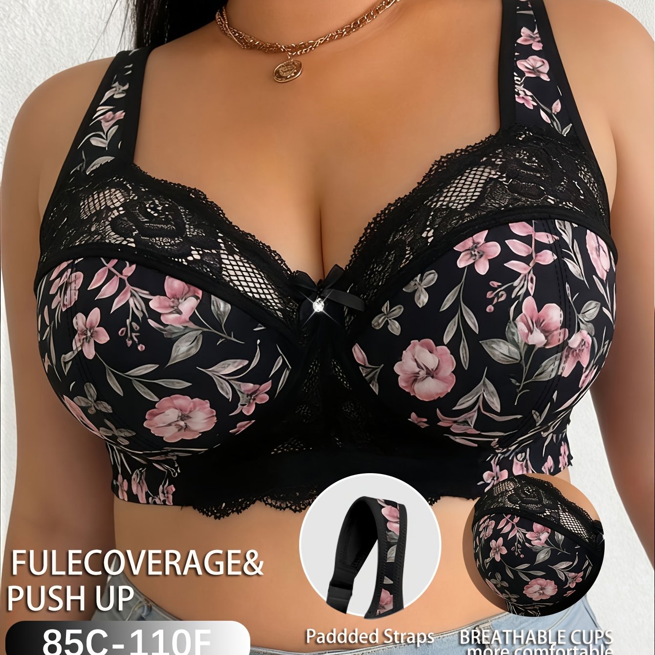 Image of 1pc Lace Sexy Plus-size Bra With Floral Print, Wire-free Seamless T-shirt Bra For Daily Wear And Occasions
