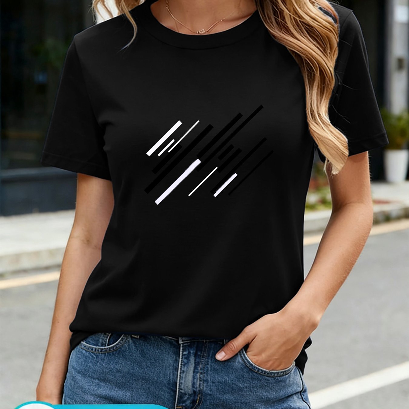 Image of Plus Size, 2026 New Women's Fashion Short-sleeve Round Neck Top Featuring A Black And White Diagonal Striped Geometric Pattern, Made Of Pure. Vintage Style, Soft And Comfortable, Loose And Easy