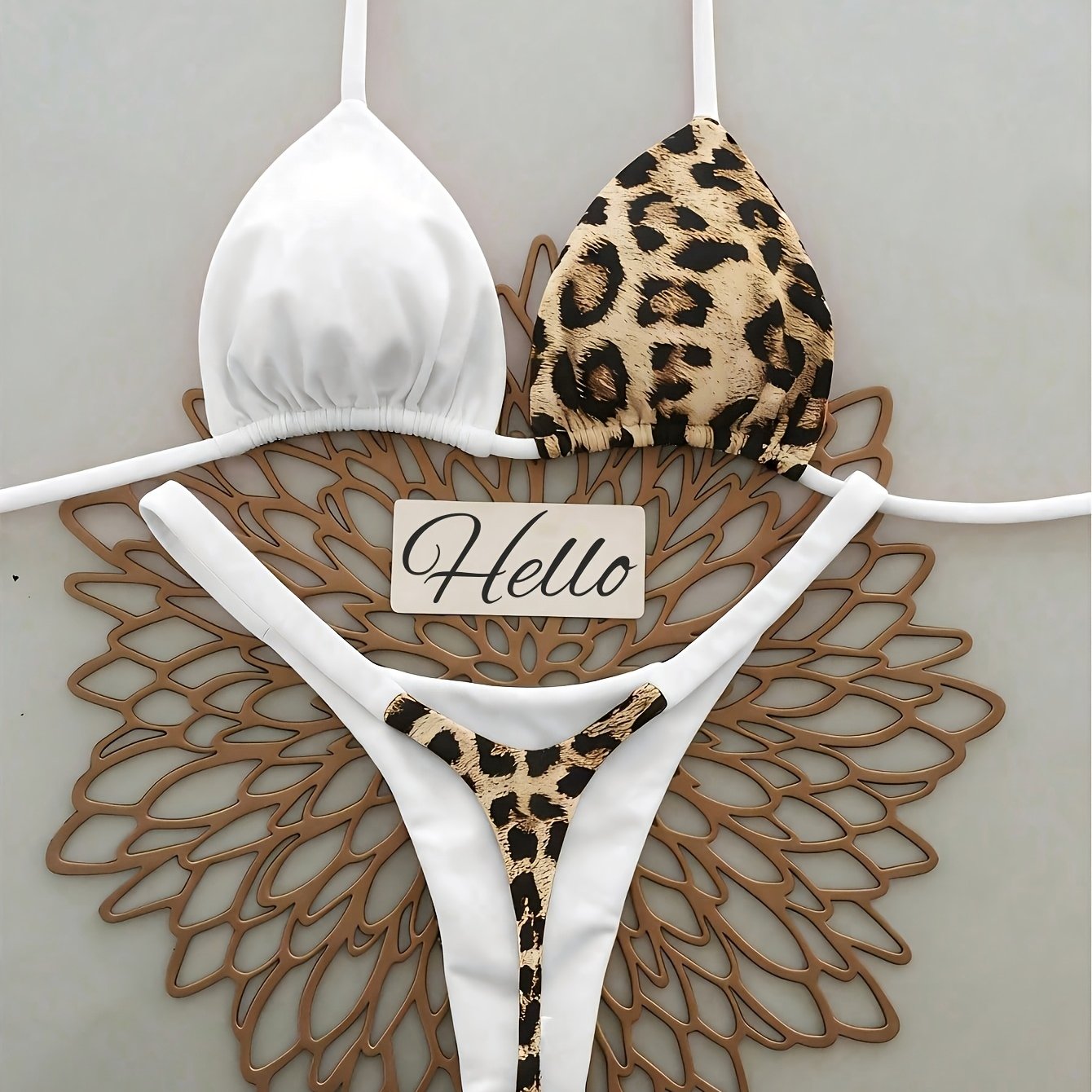 TEMU Women's Swimwear, Spring Summer Separated 2pcs Set Of Sexy Bikini Swimsuit, Leopard Print Solid Color Tie-back Triangle Top And Bottom, Suitable