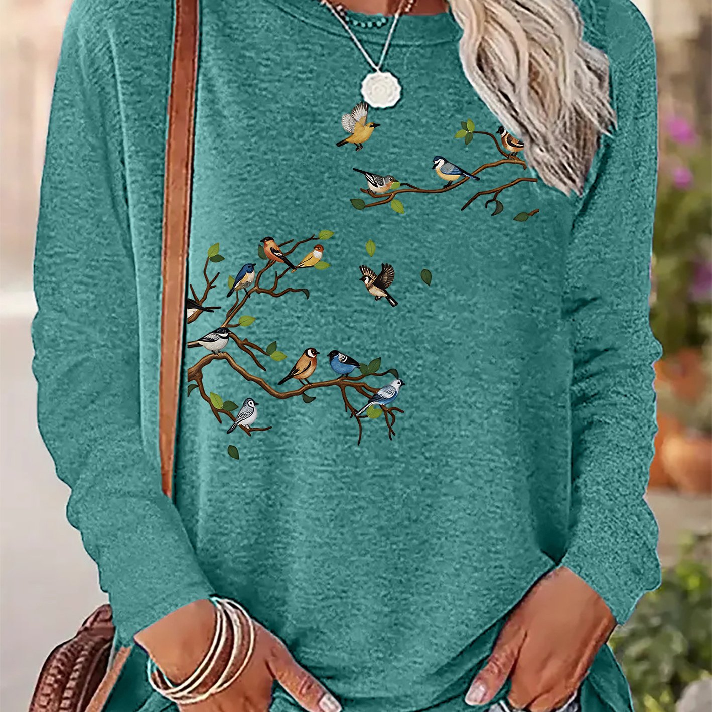 Image of Elegant Women's Long-sleeve Gift, Printed With Patterns On Branches, Fashionable And Elegant Women's Casual Sports-style Top For Spring, Autumn, And Winter, Soft And Comfortable, Round-neck T-shirt