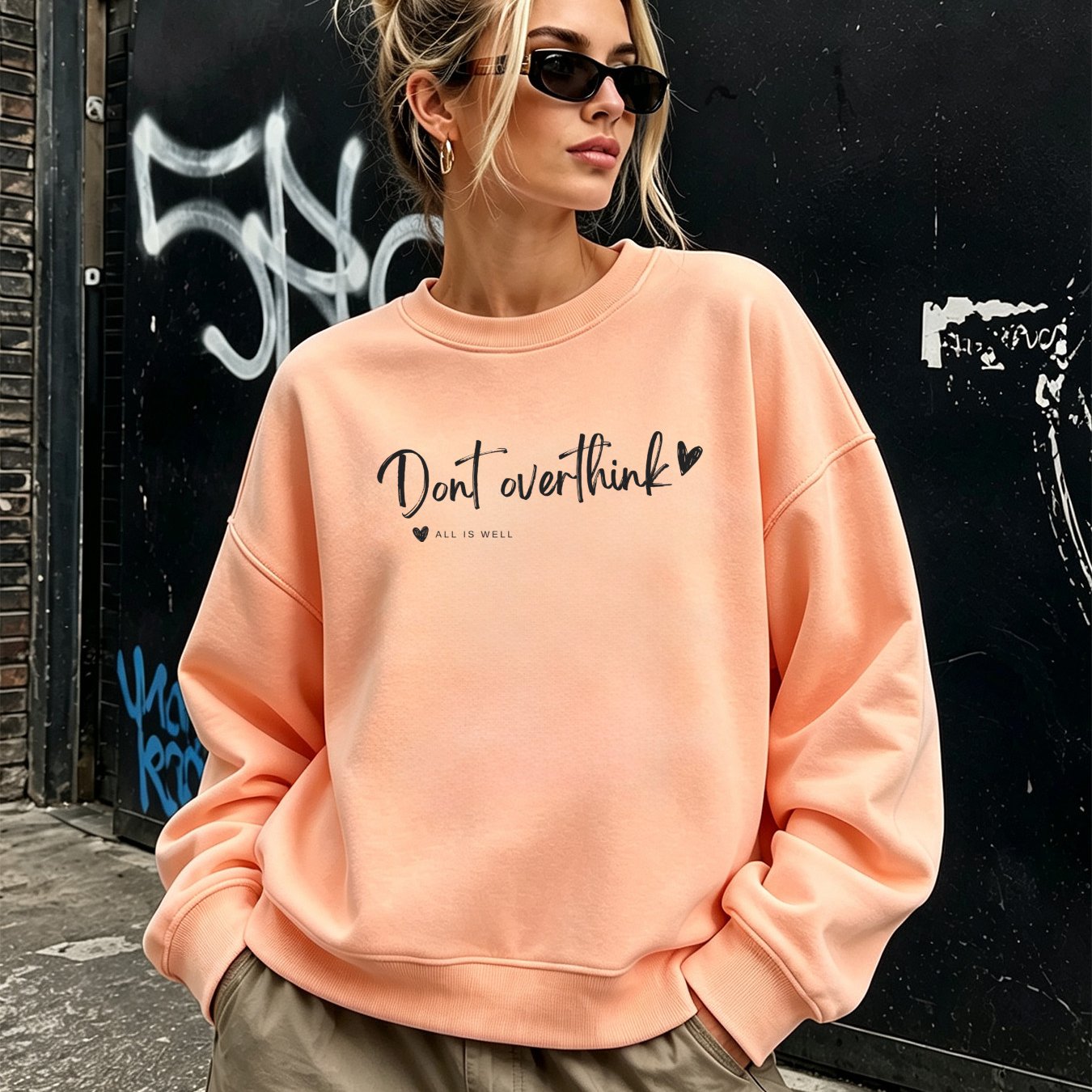 Image of Autumn Women's Fashionable Ribbed Crewneck Sweatshirt With "don't " Letter Print And Heart Pattern, Minimalist For Daily Wear And Autumn, Loose Drop-shoulder Long Sleeve Pullover Top