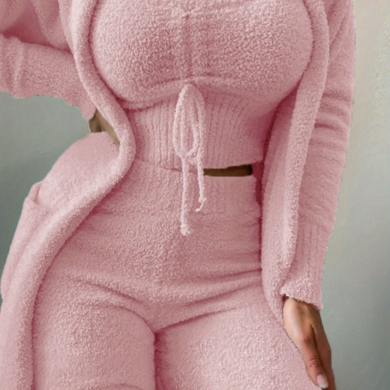 TEMU Bride Plush Three-piece Lace Pajamas Set - Casual Pajamas, Comfortable And Breathable, Loose And Warm, Suitable For Autumn And Winter