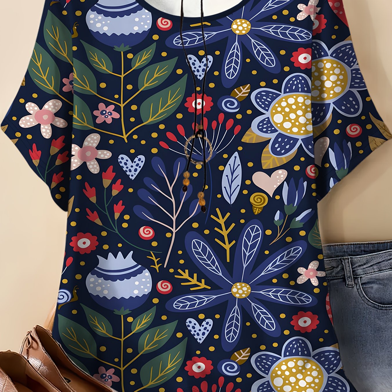 TEMU Vintage Pastoral Floral Print Loose-'s Plus-size Round Neck Short-sleeve T-shirt. , Featuring An Hand-painted Style Pastoral Print With Elements