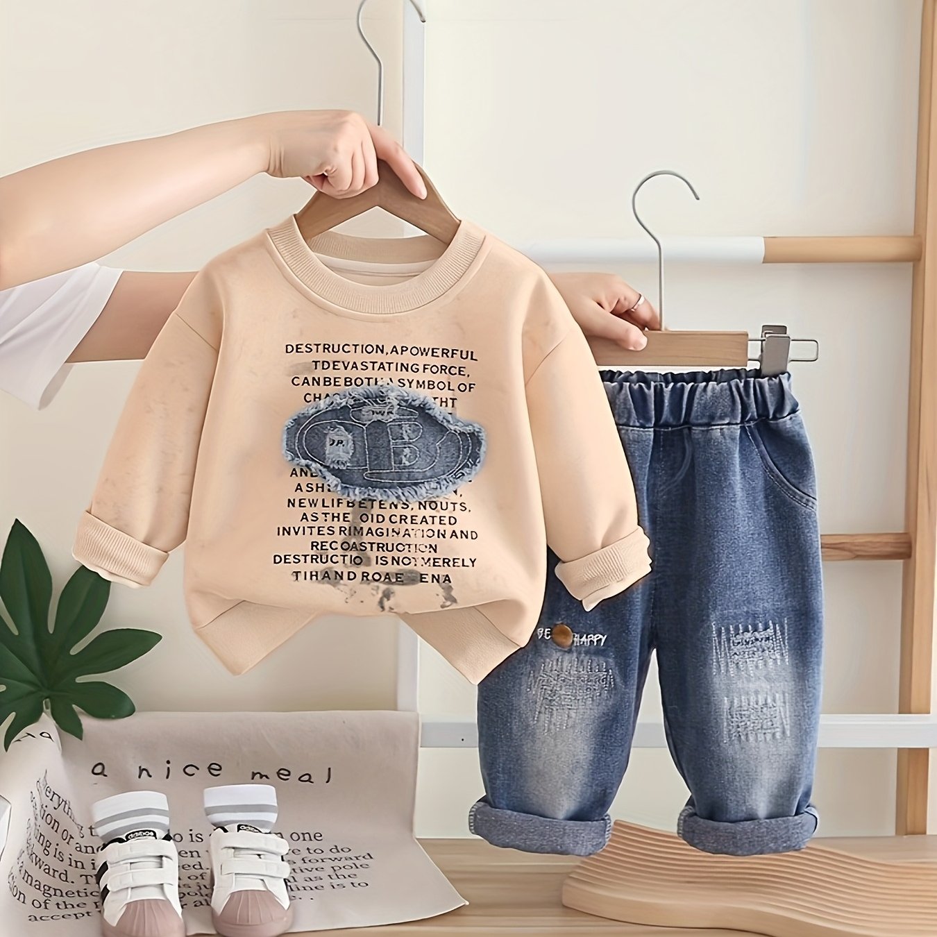 Children's Spring/autumn Letter Print Crew Neck Sweatshirt And Denim Long Pants Two-piece Set