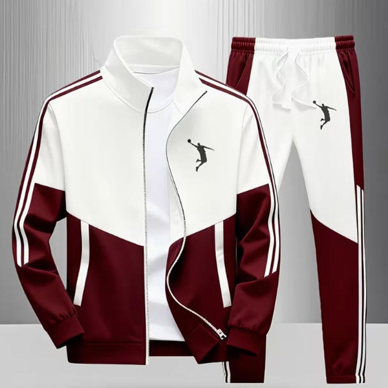 Image of Zip-up Tracksuit Set Men's Block Paris Print Striped Detail Casual Sportswear Fall Winter Street Style For Adults Men Casual Wear Holiday Gift