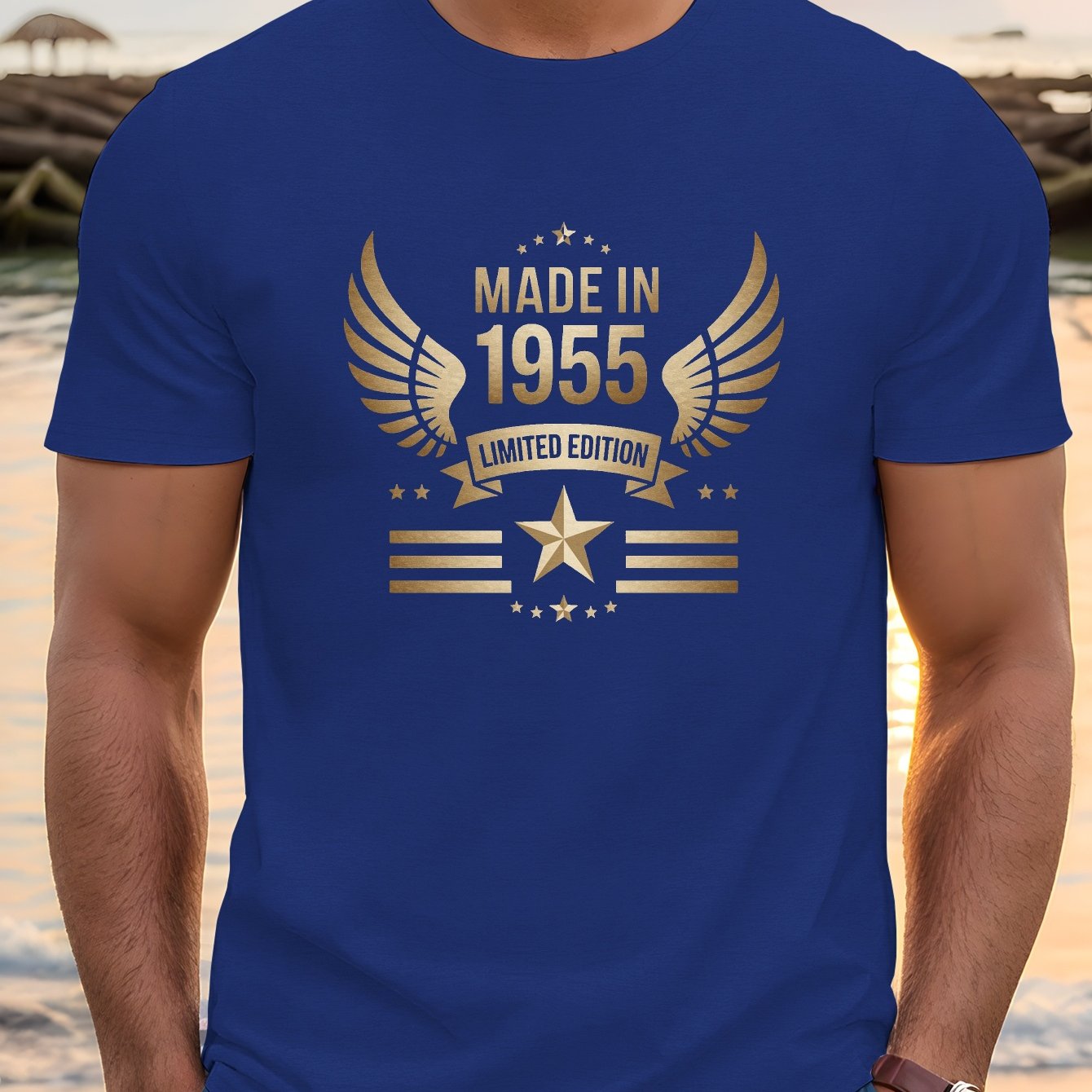 TEMU Men's Vintage 1955 Edition Golden T-shirt - Round Neck Short Sleeve Casual Summer Top With Stars & Wings Graphic, Lightweight Breathable Fabric,
