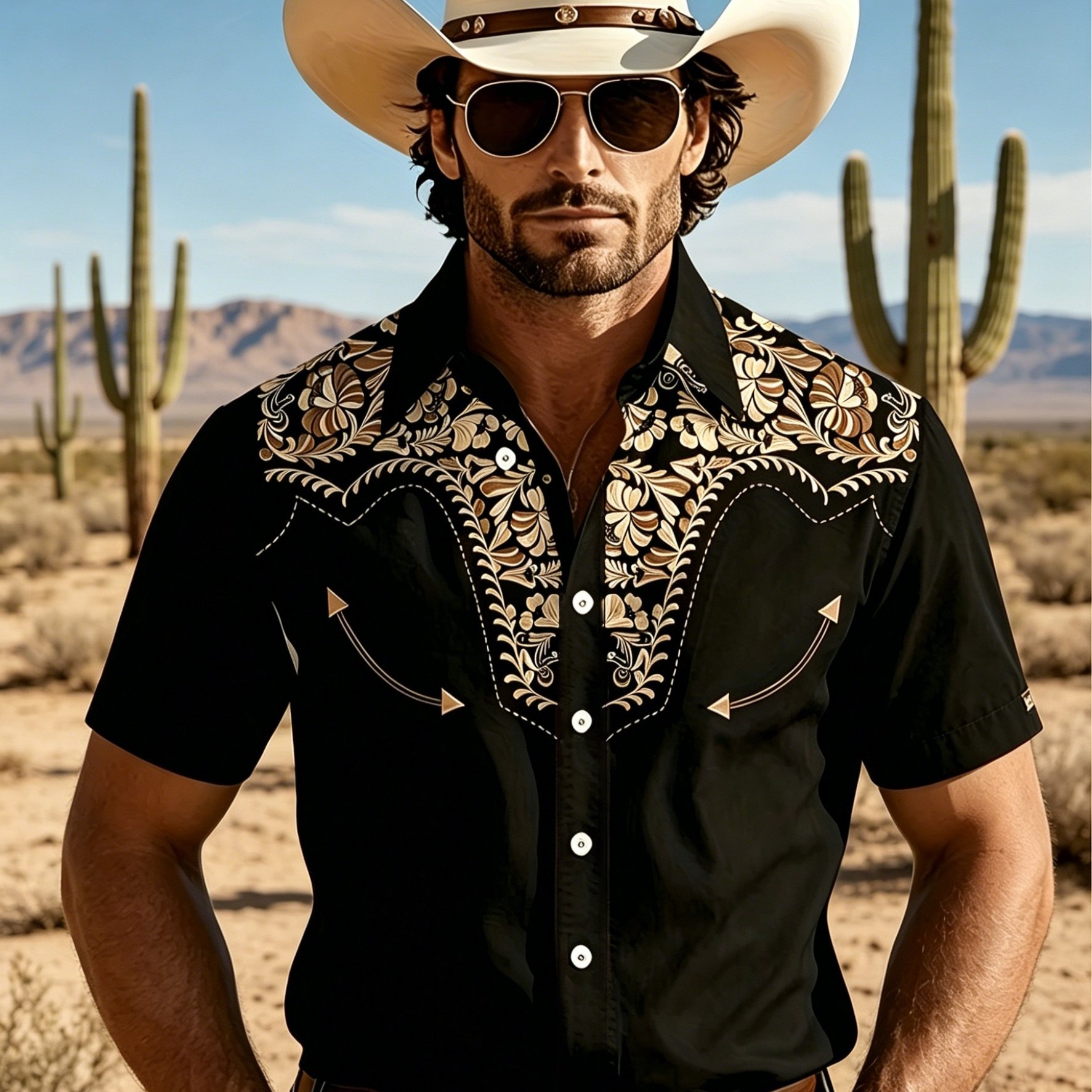 TEMU Printed Design â Not Textured Western Cowboy Style Men's Short Sleeve Shirt With Exquisite Floral Print, Casual Lapel Top, Trendy Vintage Style