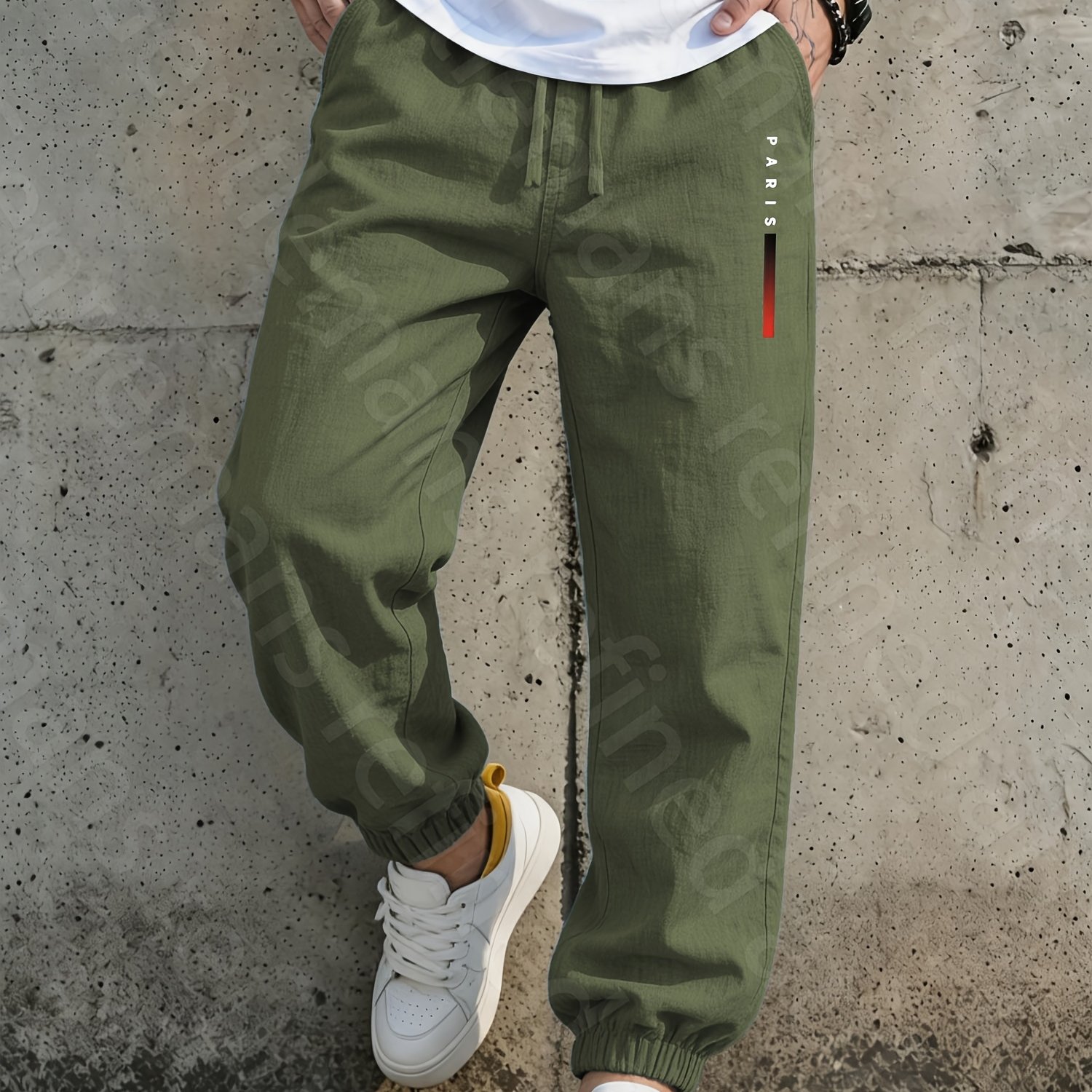 TEMU Men's Summer Linen Ankle-cinching Trousers, Woven Breathable Lightweight Athletic Pants With Gradient Stripes And Parisian Print, Solid Color