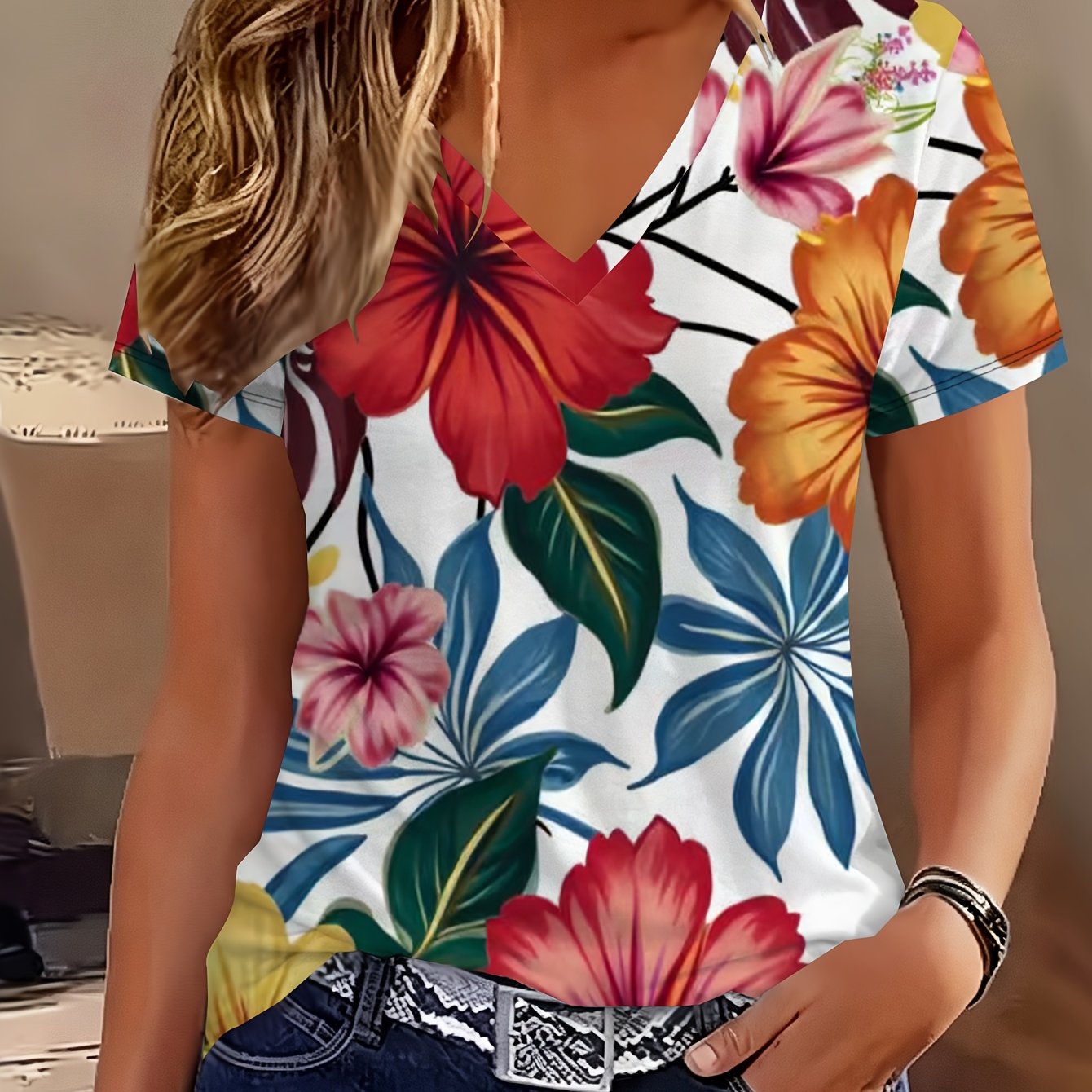 TEMU Women's Vibrant V-neck T-shirt - Floral Print With Exotic Leaves, Summer Casual Short-sleeve Top In Red, Yellow, And Orange =====29023