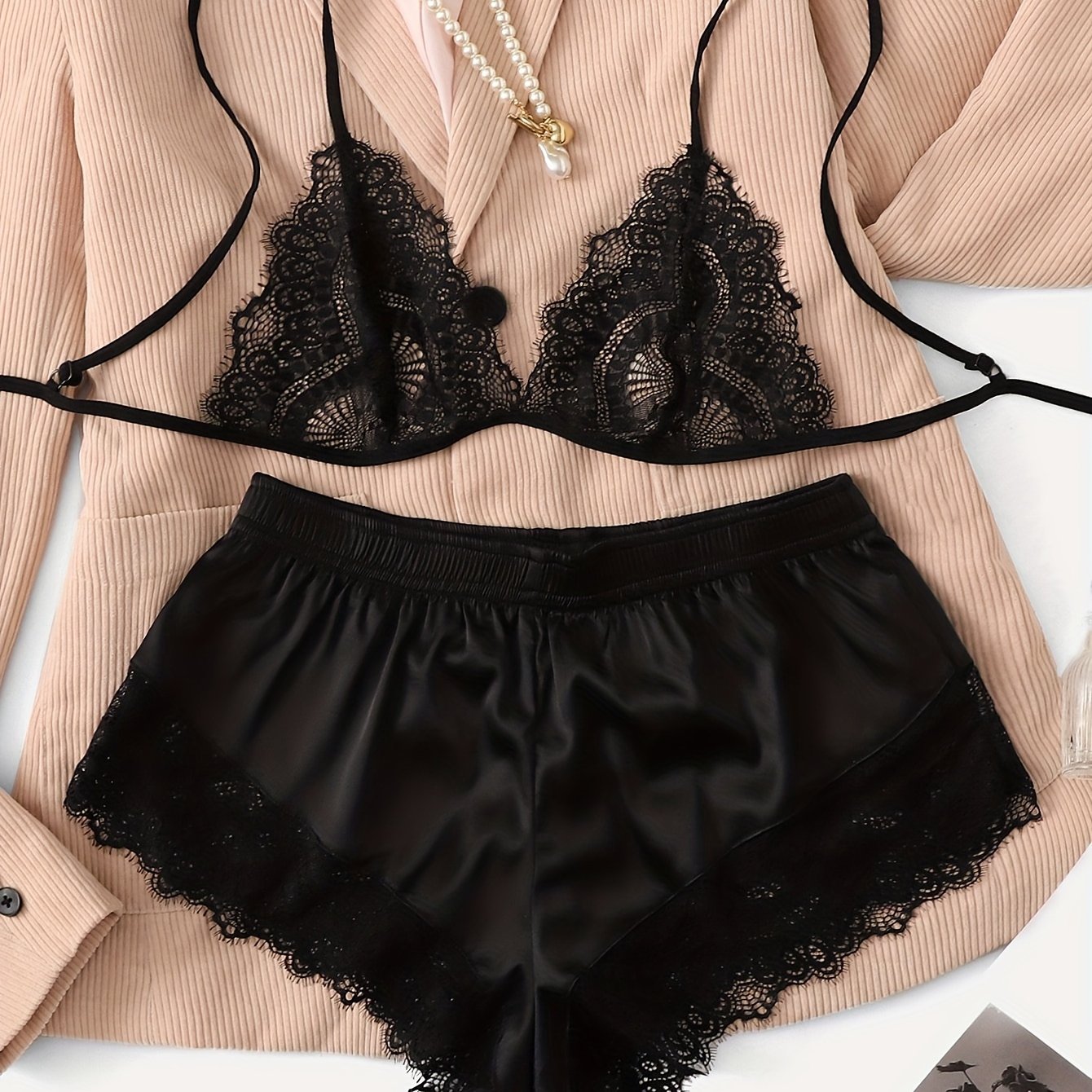 Color-blocking Lace Triangle Cup Sexy Pajama Set