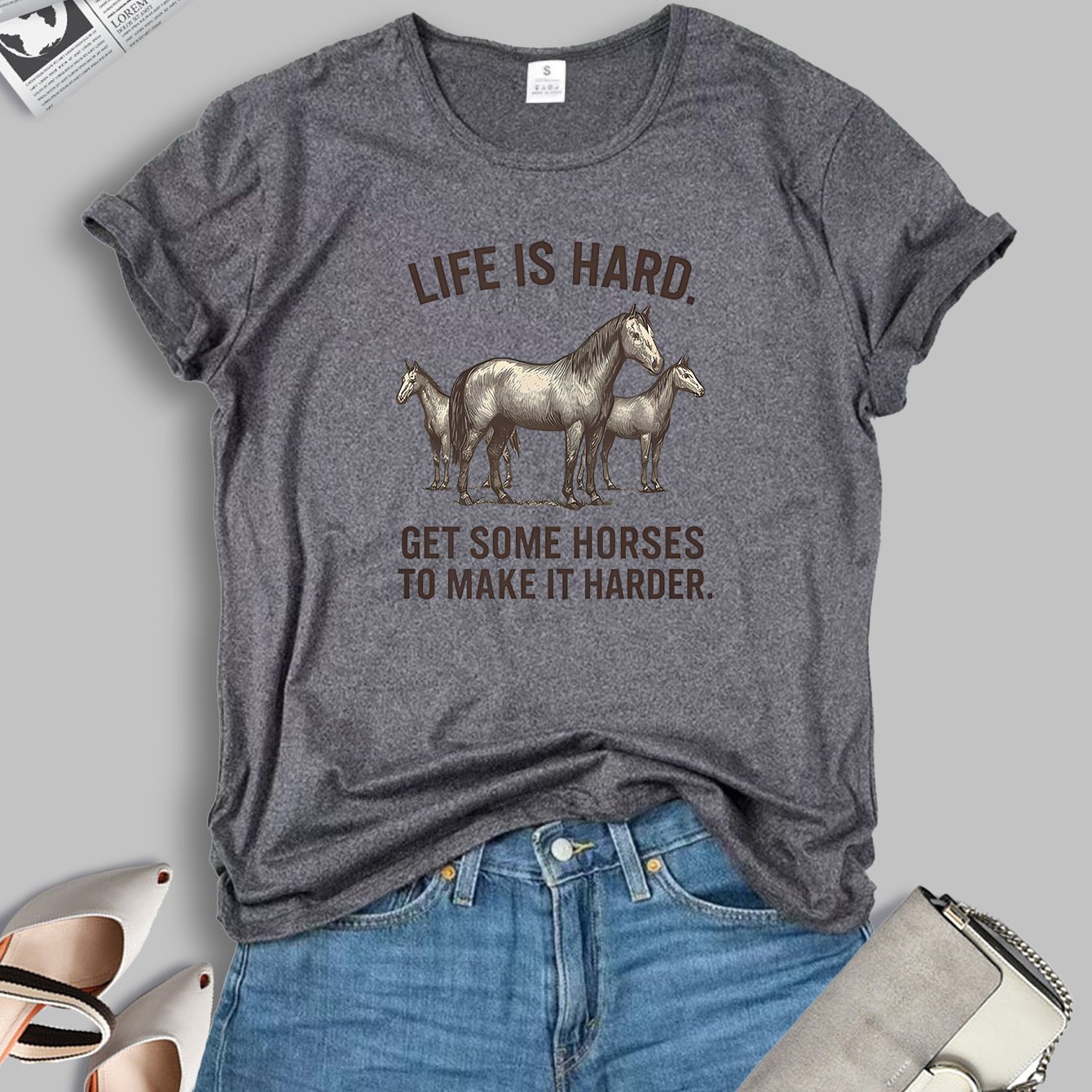 TEMU Women' & Equestrian Print Round Neck Short Sleeve T-shirt - Y2k Style Horse Year Outfit, Soft Breathable Horse Top, Machine Washable Casual &