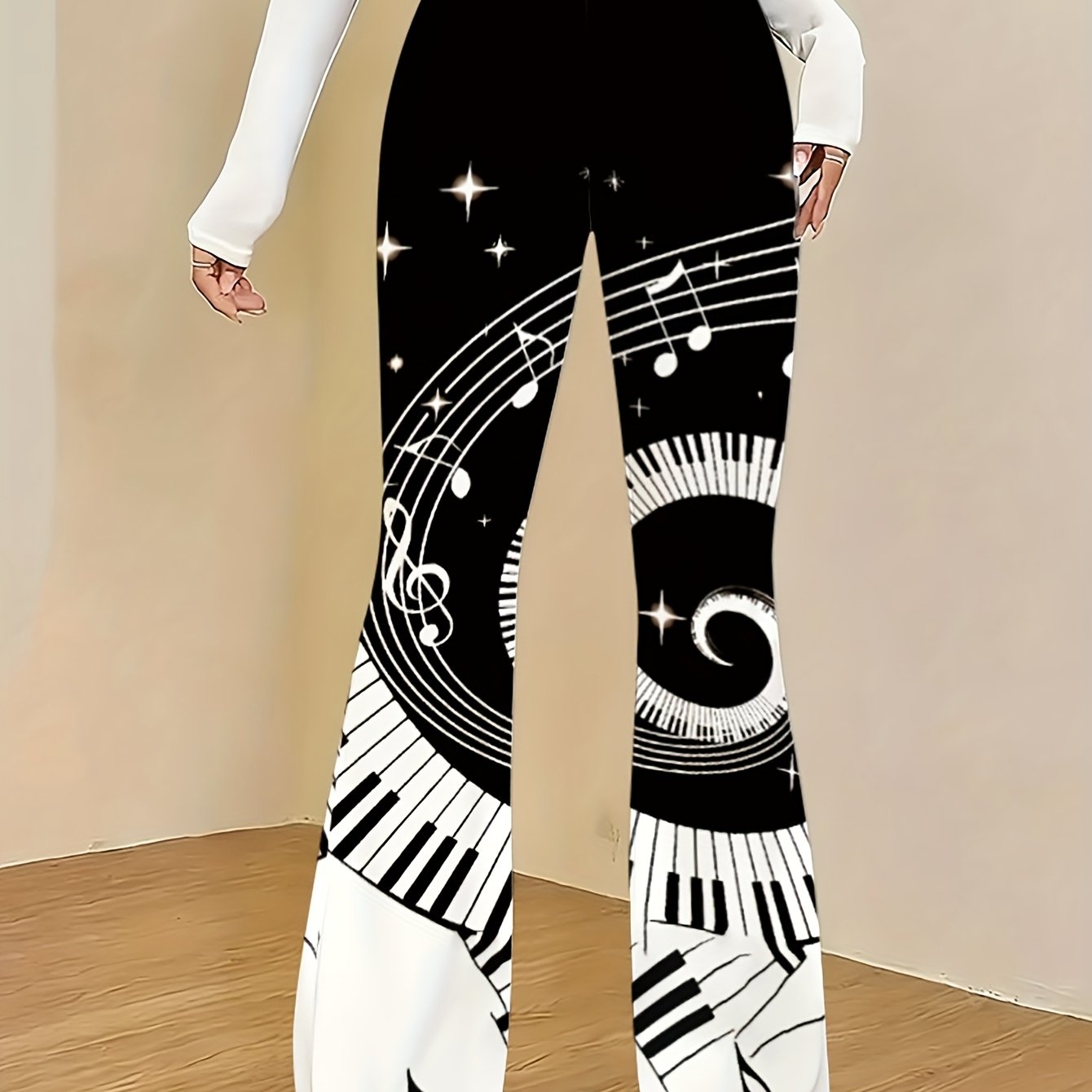 TEMU Women's Trendy And Unique Flared Pants, Slim-fit Design For A Look, Full Of With Geometric Pattern Prints, Medium Stretch, Snug And Durable