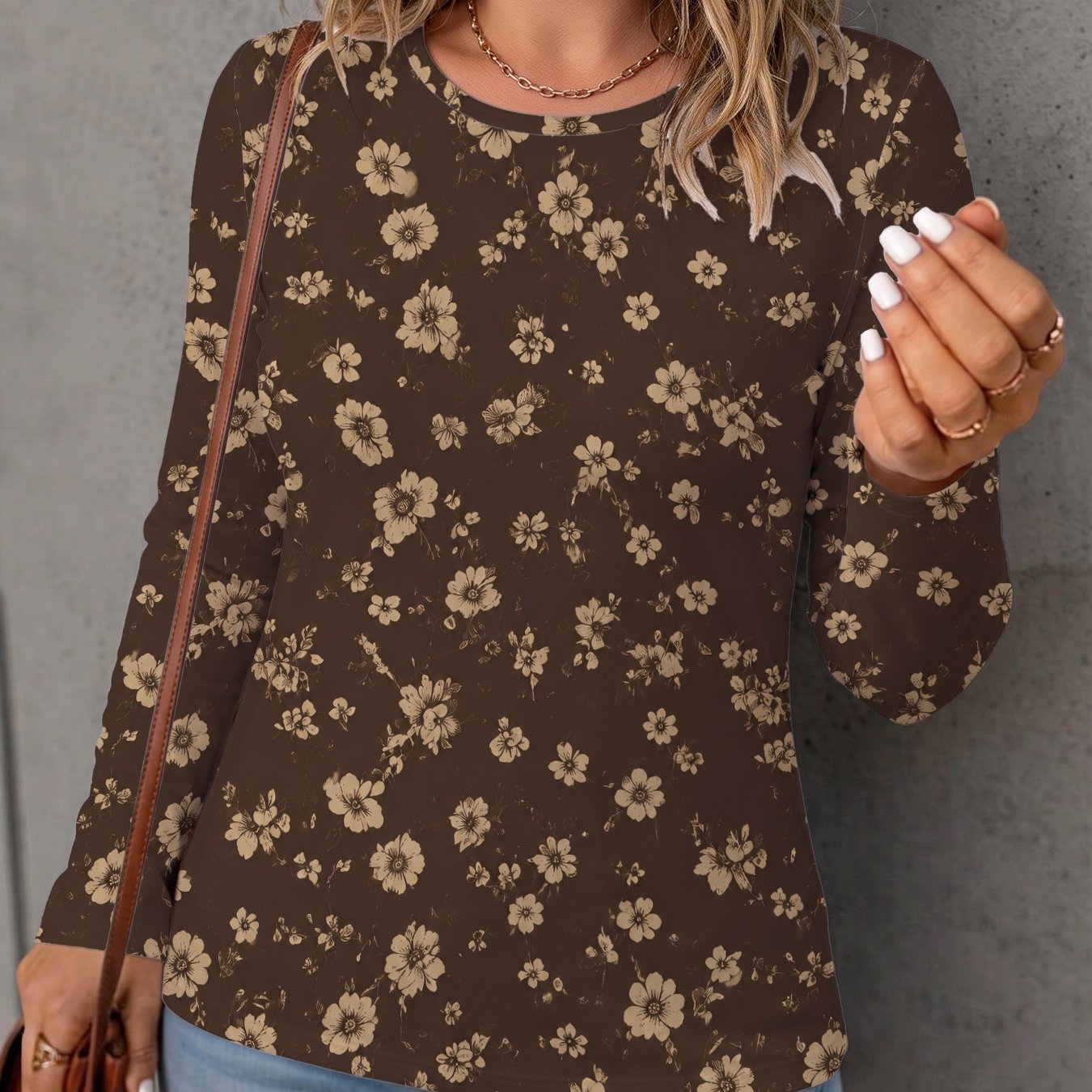 TEMU Women's Round Neck Long Sleeve T-shirt With Floral Print, Small And Large Flowers, Bohemian Style Fabric, Soft And Comfortable, Print Design,