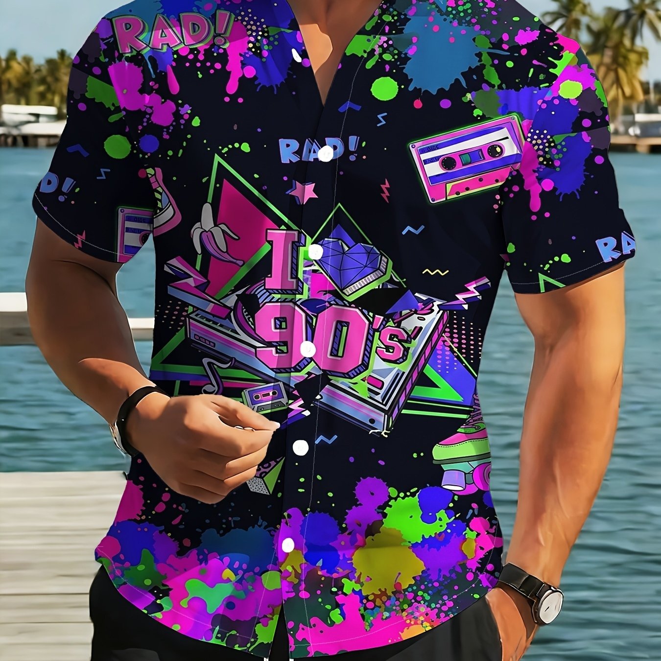 TEMU [printed Design - Not Texture] Trend: Men's Shirt With Printed Trendy Element Illustration Patterns, Suitable For Hawaiian, Outdoor Wear, And